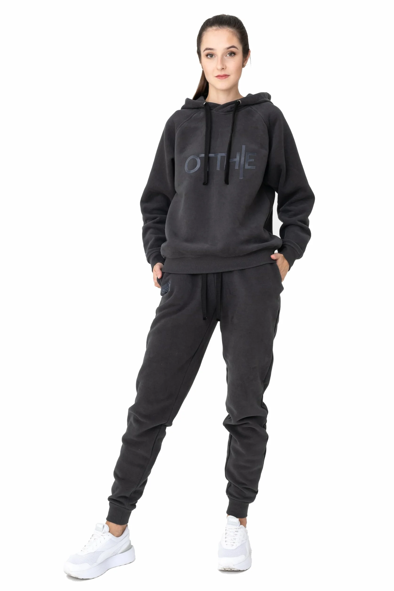 Women's zestaw dresów treningowych z kapturem z dekoracyjnym logo, kolor szary, rozmiar L, szary, L