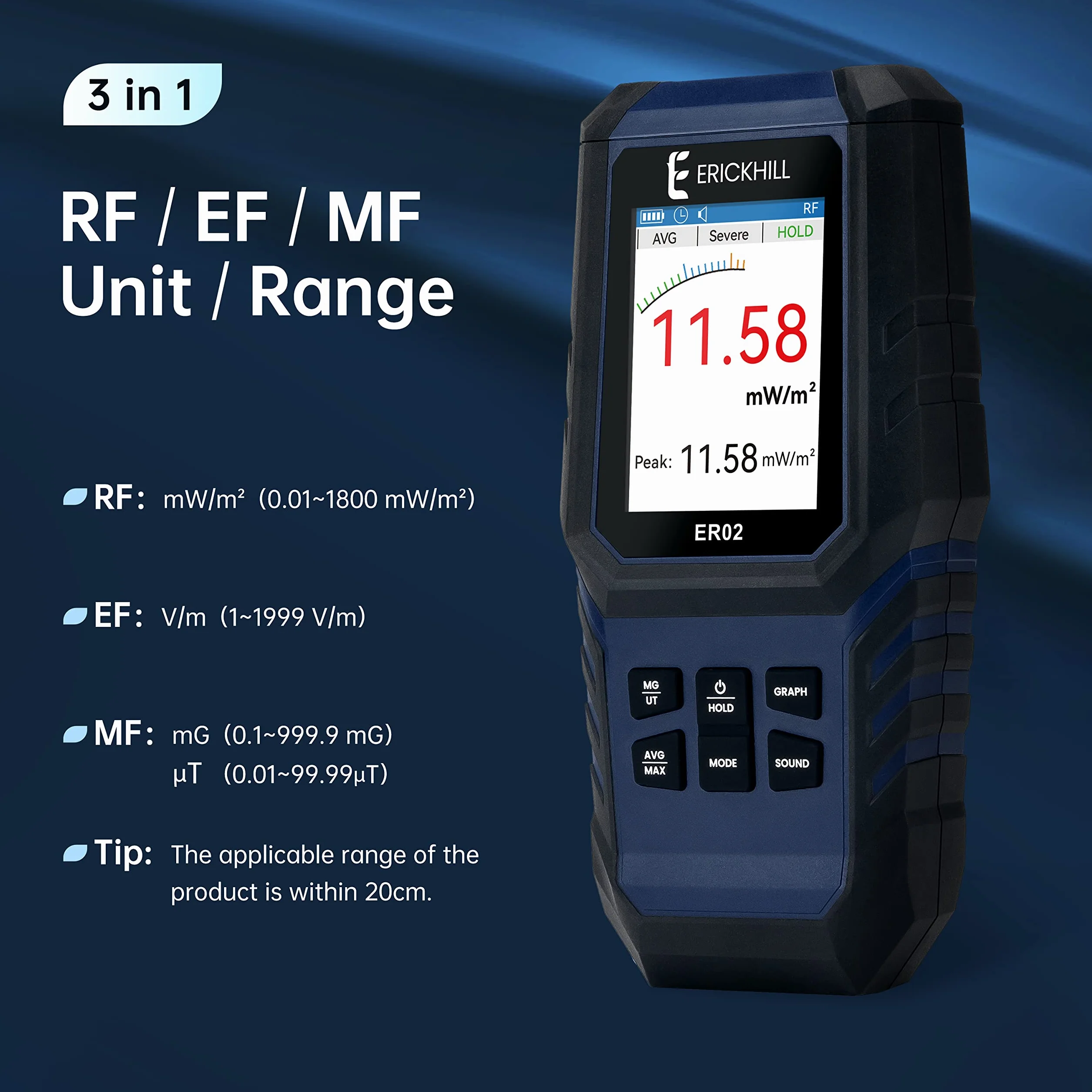 ERICKHILL Miernik EMF ER-02, kontrola EF/MF/RF, do ponownego ładowania, cyfrowy wyświetlacz LCD, do domu, biura, na zewnątrz