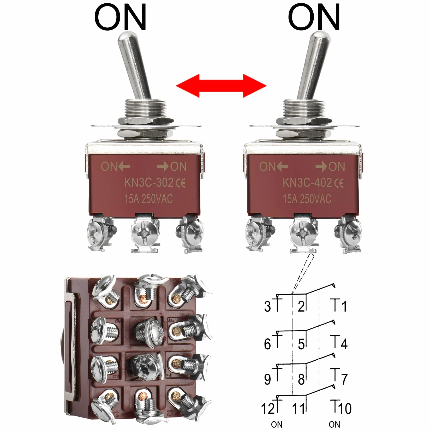 Heschen KN3C-402 metalowy przełącznik dźwigniowy, dwubiegunowy podwójny przełącznik przełączający (4PDT), ON/ON 2 pozycje, 15 A 250 V AC, 10 A 380 VAC, CE, z wodoszczelną pokrywą