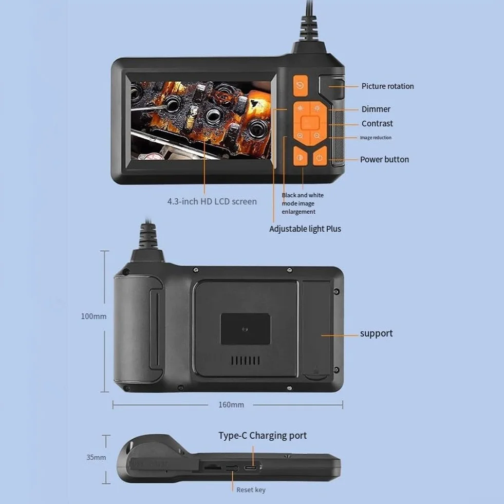 Boroskop przemysłowy z dwoma obiektywami, cyfrowa kamera inspekcyjna boroskopowa 1080p, wodoodporna kamera 7,9 mm IP67, kamera kanalizacyjna z ekranem LCD 4,3 cala, 8 diod LED, półsztywny