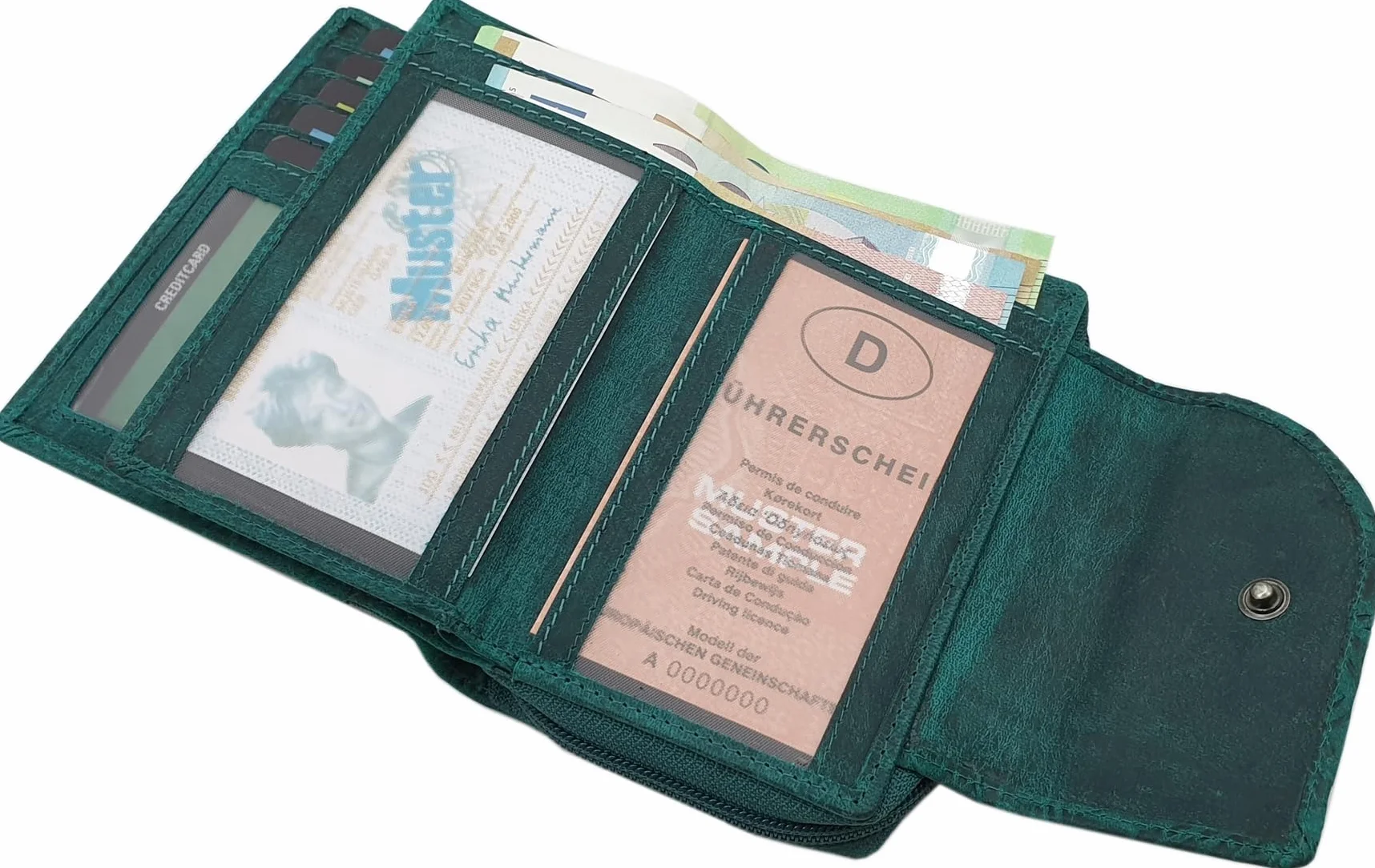 myledershop Bawola skóra damska portmonetka portmonetka / portmonetka z ryglem zewnętrznym z wytłoczeniem liany i ochroną RFID i NFC, Petrol, Einheitsgröße, Nowoczesny