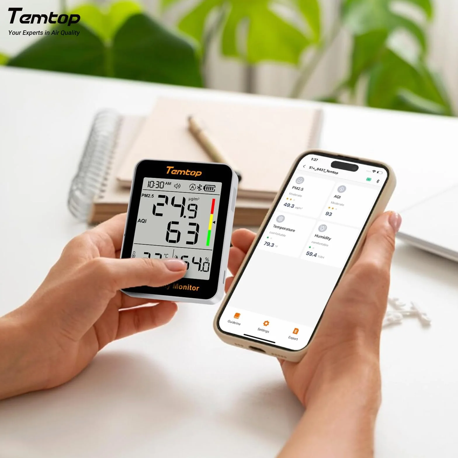 Temtop Monitor jakości powietrza, PM2.5, Bluetooth, termohigrometr, cyfrowy higrometr, do domu, biura, monitor wilgotności do sypialni, salonu, S1+