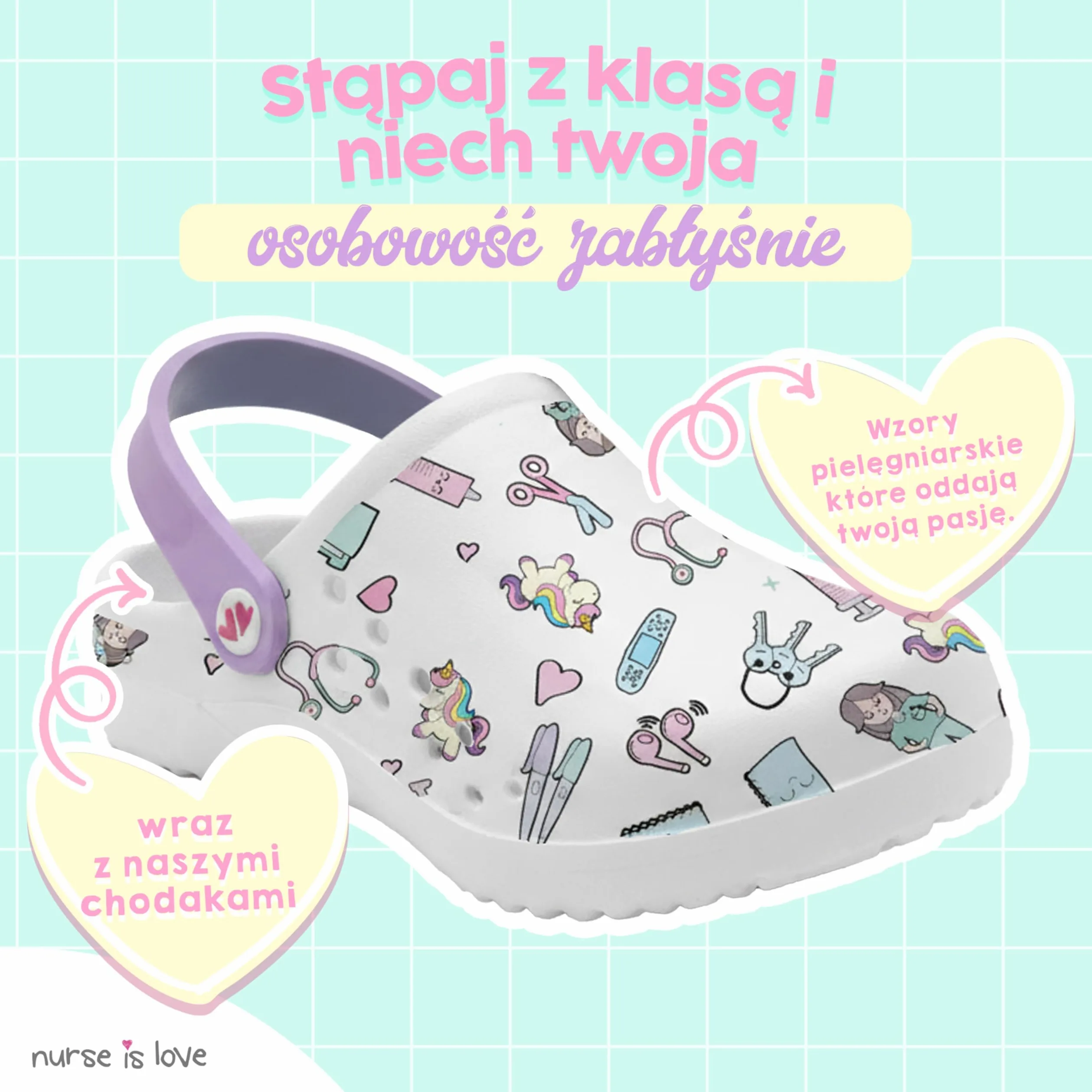Nurse is Love Chodaki zdrowotne - Ortopedyczne buty zdrowotne z zabawnymi wzorami | prezent dla pielęgniarki