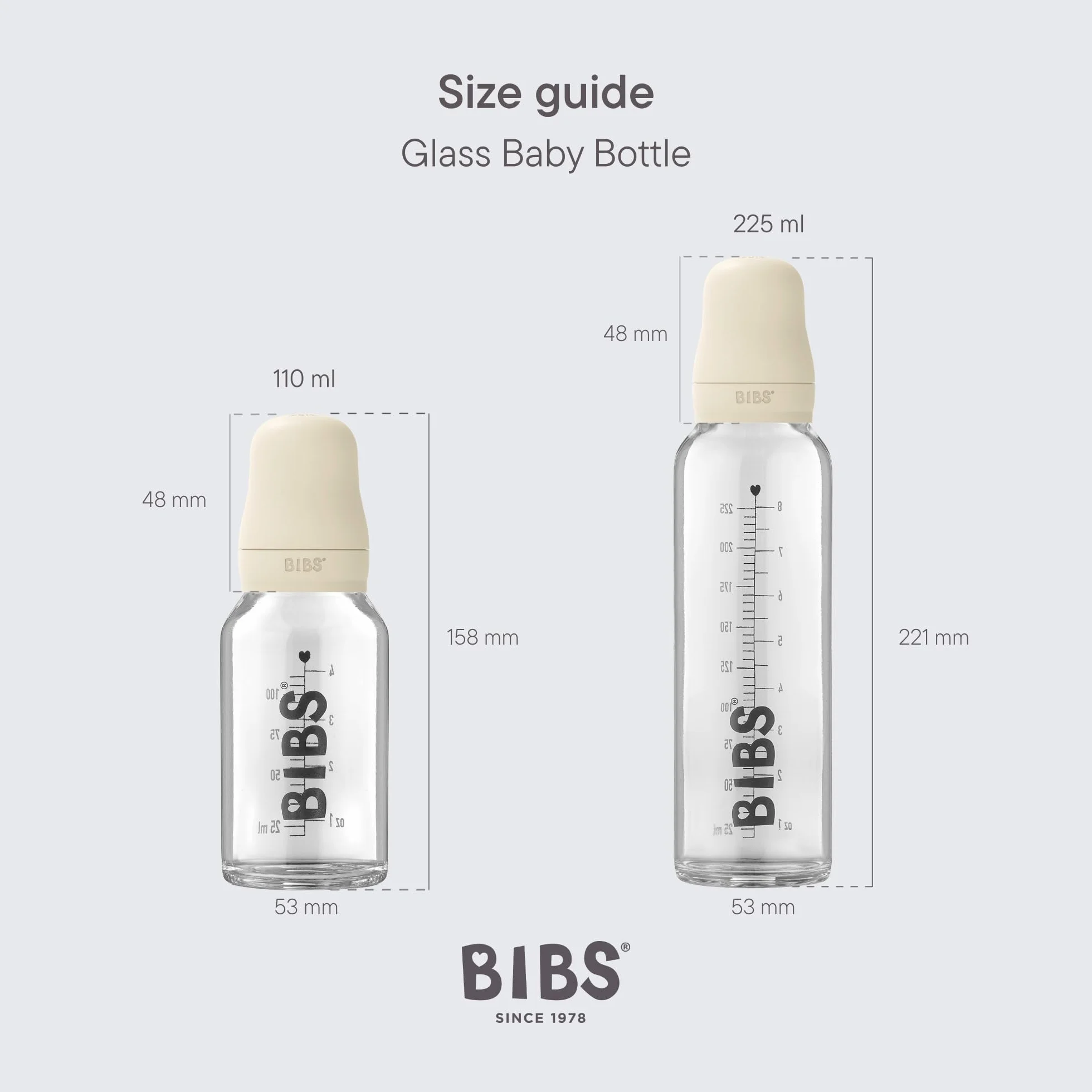 Butelka szklana BIBS. Antykolka. Okrągły smoczek z naturalnego lateksu kauczukowego, wspomaga naturalne karmienie piersią, kompletny zestaw - 110 ml, szałwia