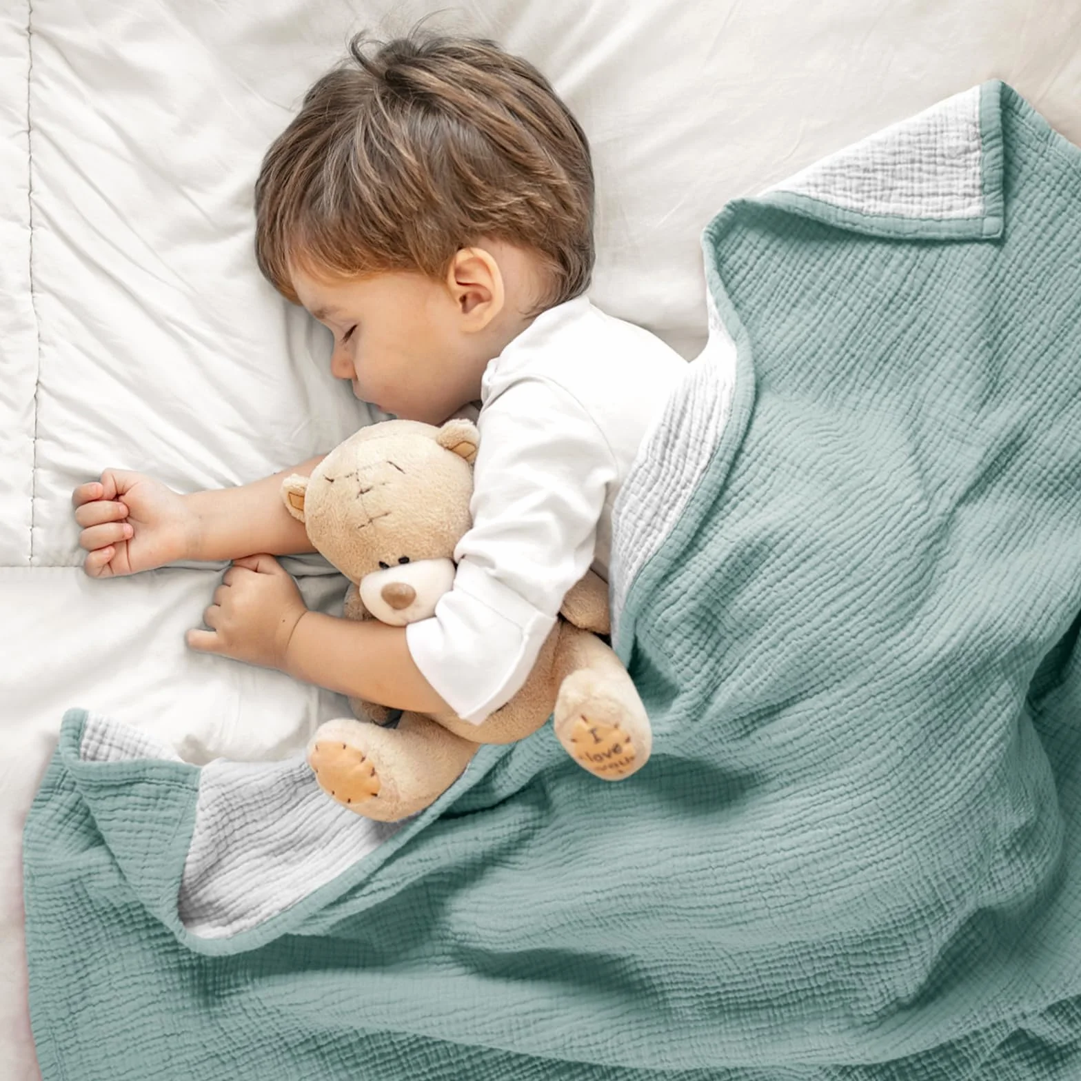 Lulu moon Muślinowa kołdra dziecięca – bawełniana kołdra pikowana dla małych dzieci – dwustronna kołdra dziecięca dla niemowląt, chłopców i dziewczynek, 120 x 120 cm (szałwia)