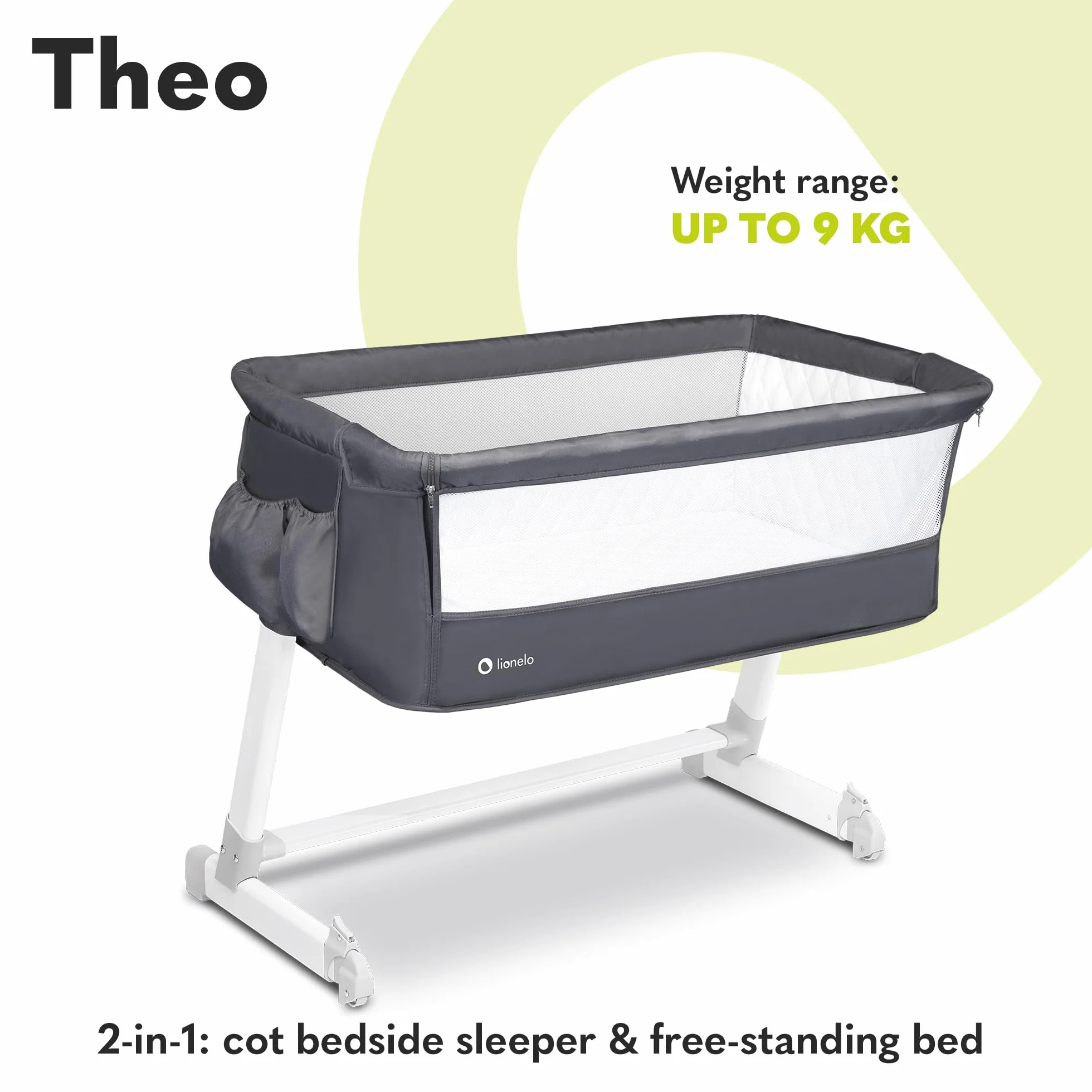 Lionelo Theo 2 W 1 Łóżeczko Dziecięce, Łóżeczko Podróżne, Łóżeczko Dla Niemowlaka Od Urodzenia Do 9 Kg, Regulacja Wysokości Nachylenia, Składana Ściana Boczna, Materac, Moskitiera
