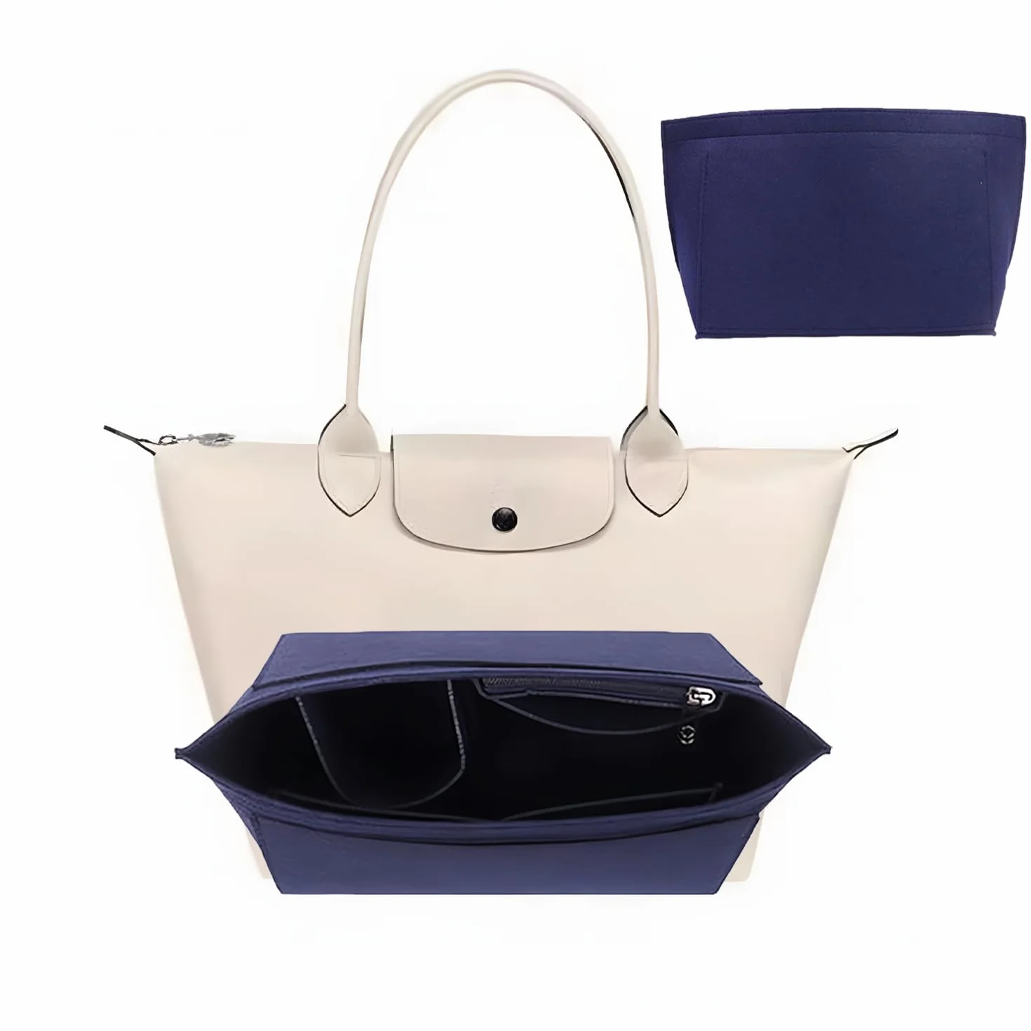 Longchamp filcowy organizer na torebki z wieloma kieszeniami z zamkiem błyskawicznym, składana torba na ramię Longchamp (niebieski, L)