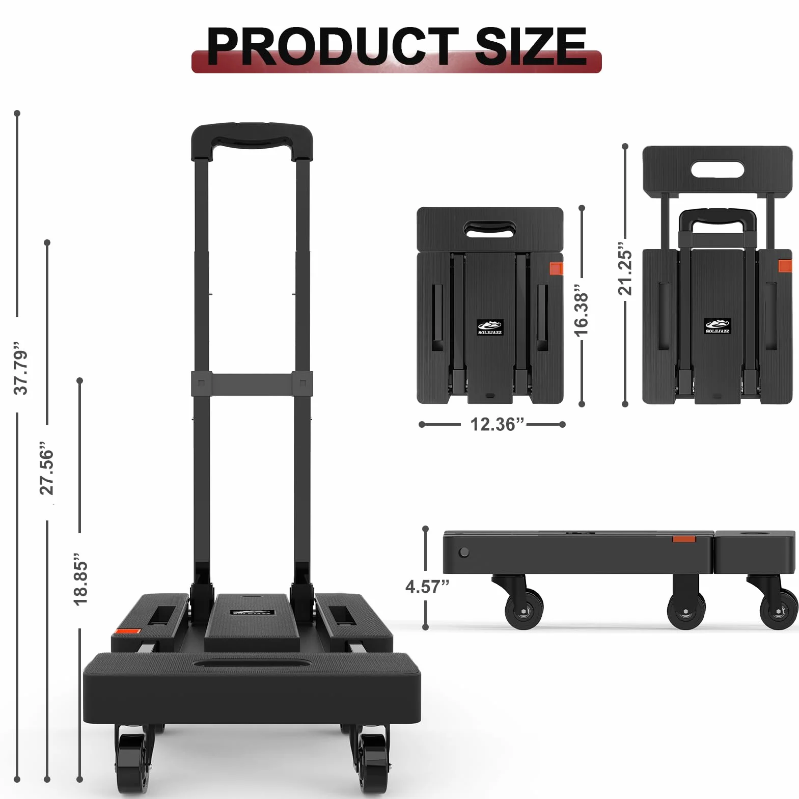 SOLEJAZZ Składany wózek ręczny, przenośny, udźwig do 226 kg, wytrzymały, na lotnisko, do podróży, do mebli, bagażu, biura, przeprowadzek, czarny