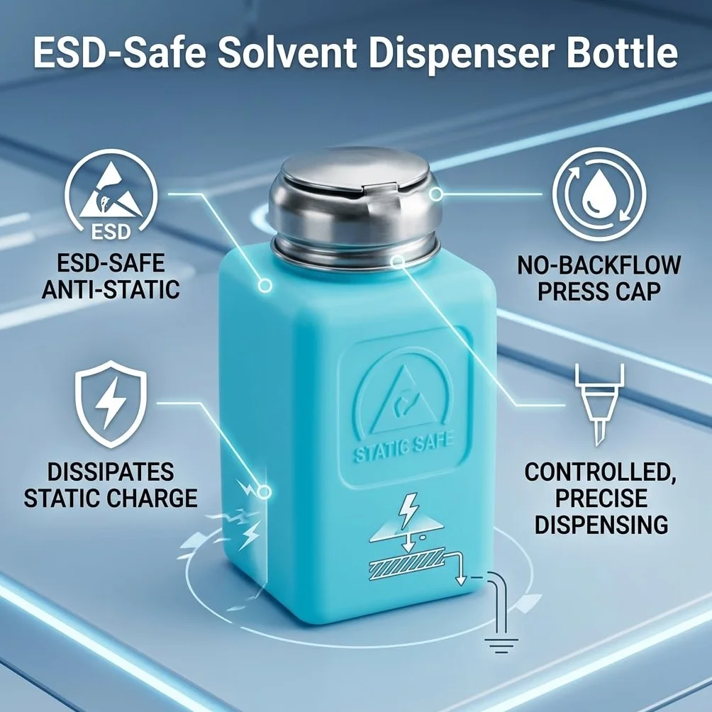200ML Press Type Dozownik Rozpuszczalnika Push-Type Antystatyczna Butelka Alkoholu ESD Bezpieczna Antystatyczna Kwadratowa Butelka z Pokrywką ze Stali Nierdzewnej(niebieski)