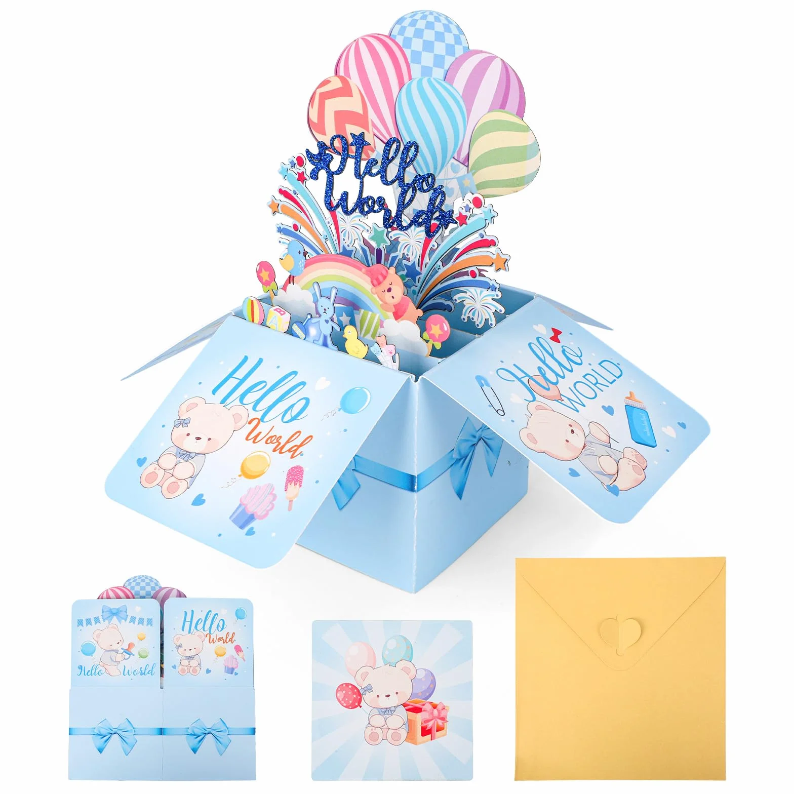 Karta z Okazji Narodzin Dziecka Hello World 3D Pop Up, Kartka z Gratulacjami Hello Baby Kopertą i Wiadomością dla Noworodka Dziewczynki Lub Chłopca