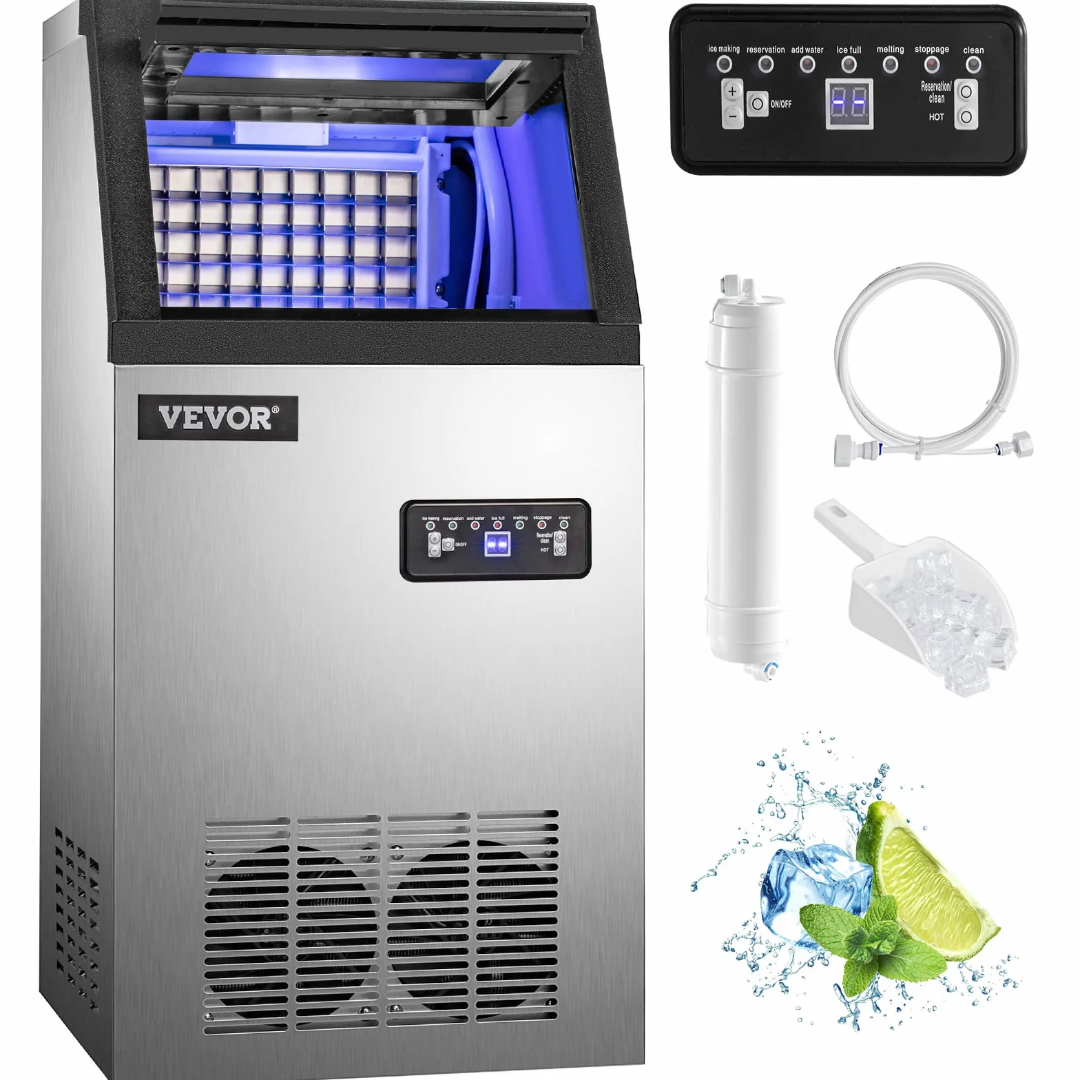 VEVOR Commercial Food Grade Ice Cube Machine 68 kg/24h, wielofunkcyjna kostkarka do lodu wykonana ze stali nierdzewnej 280 W Inteligentny panel sterowania LCD, do kawiarni, barów itp.