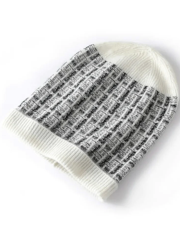 Kaszmirowa czapka zimowa damska ciepła czapka outdoorowa czapka beanie dzianinowa krata w paski kaszmirowa czapka zabezpieczająca