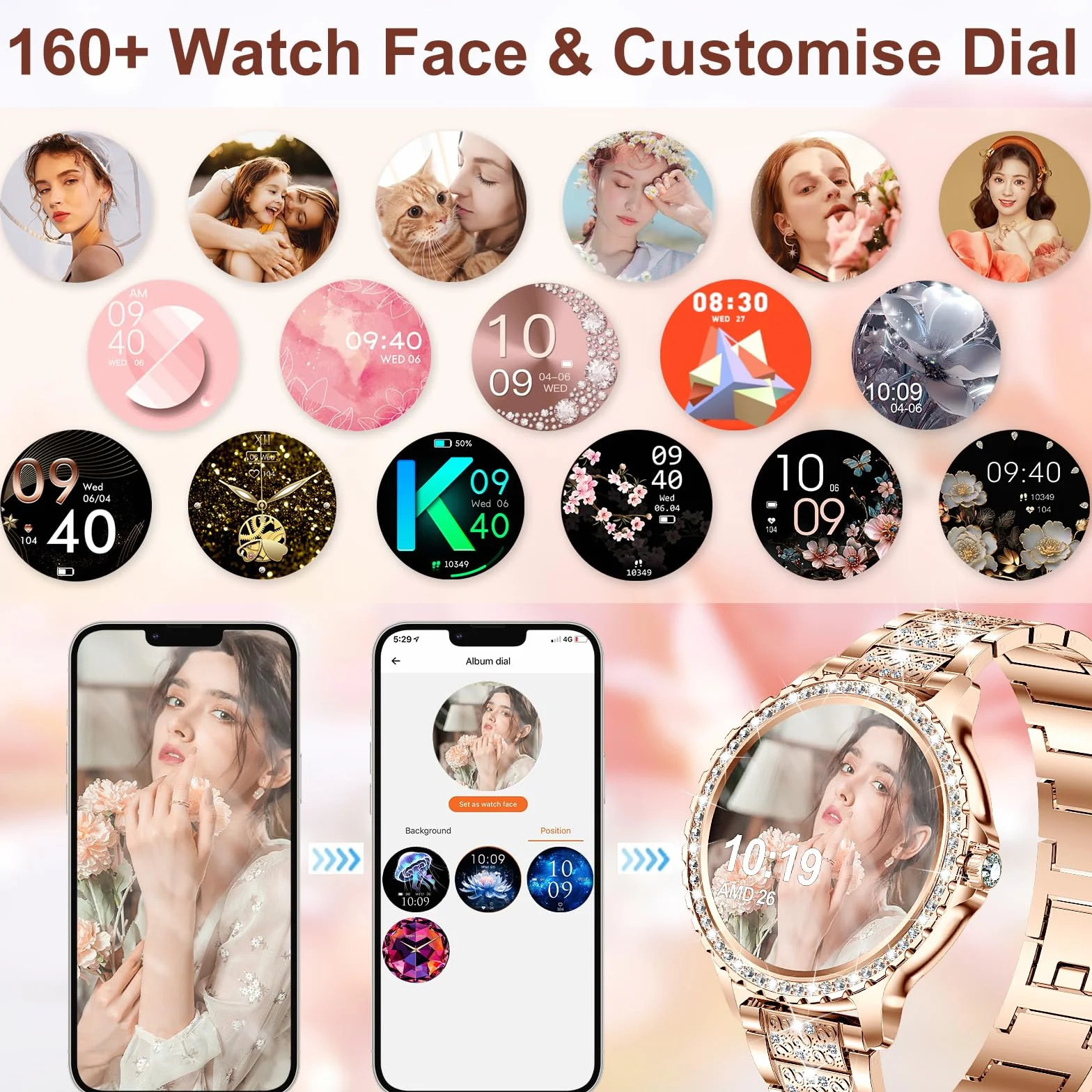 Smartwatch damski Diamond, 1,32", cykl menstruacyjny, pulsometr, monitor snu, sterowanie muzyką, 110 trybów sportowych, zegarek z funkcją telefonu i połączeń
