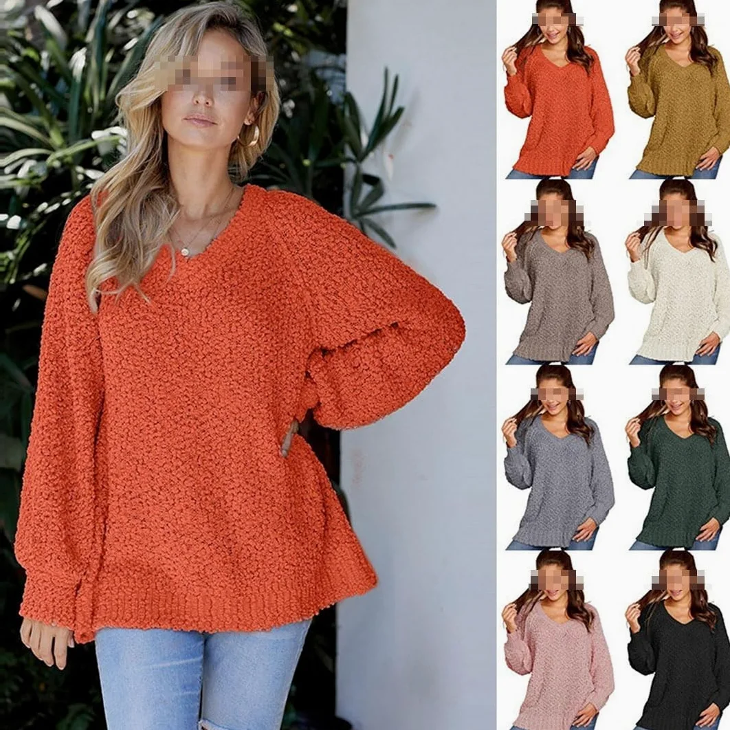Vogrtcc Damski sweter z dzianiny z dekoltem w serek plus size luźny sweter oversize