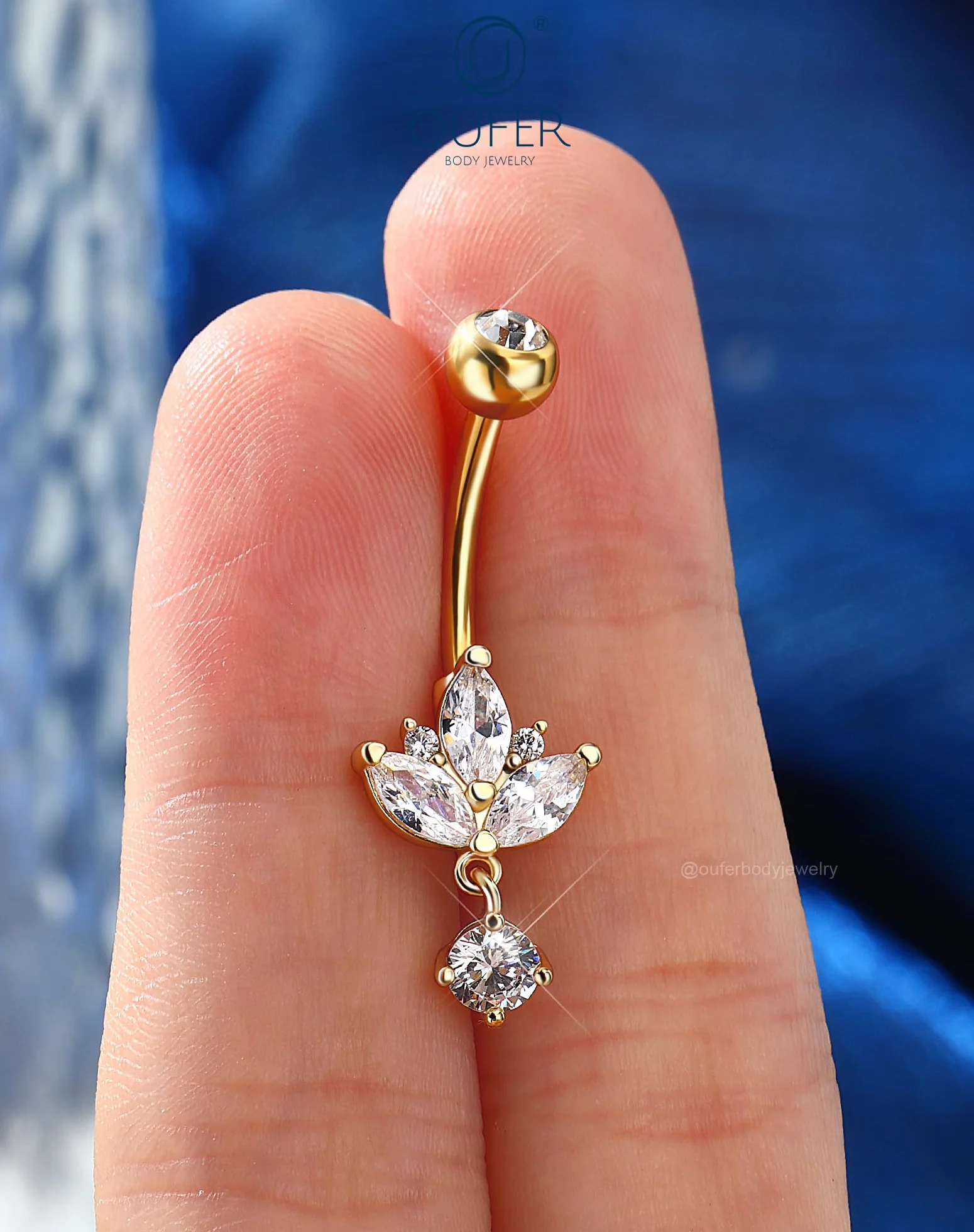OUFER Lotus Piercing do pępka 14G Dangly srebrny złoty kolczyk do brzucha biżuteria ze stali chirurgicznej CZ Belly Bar 10 mm