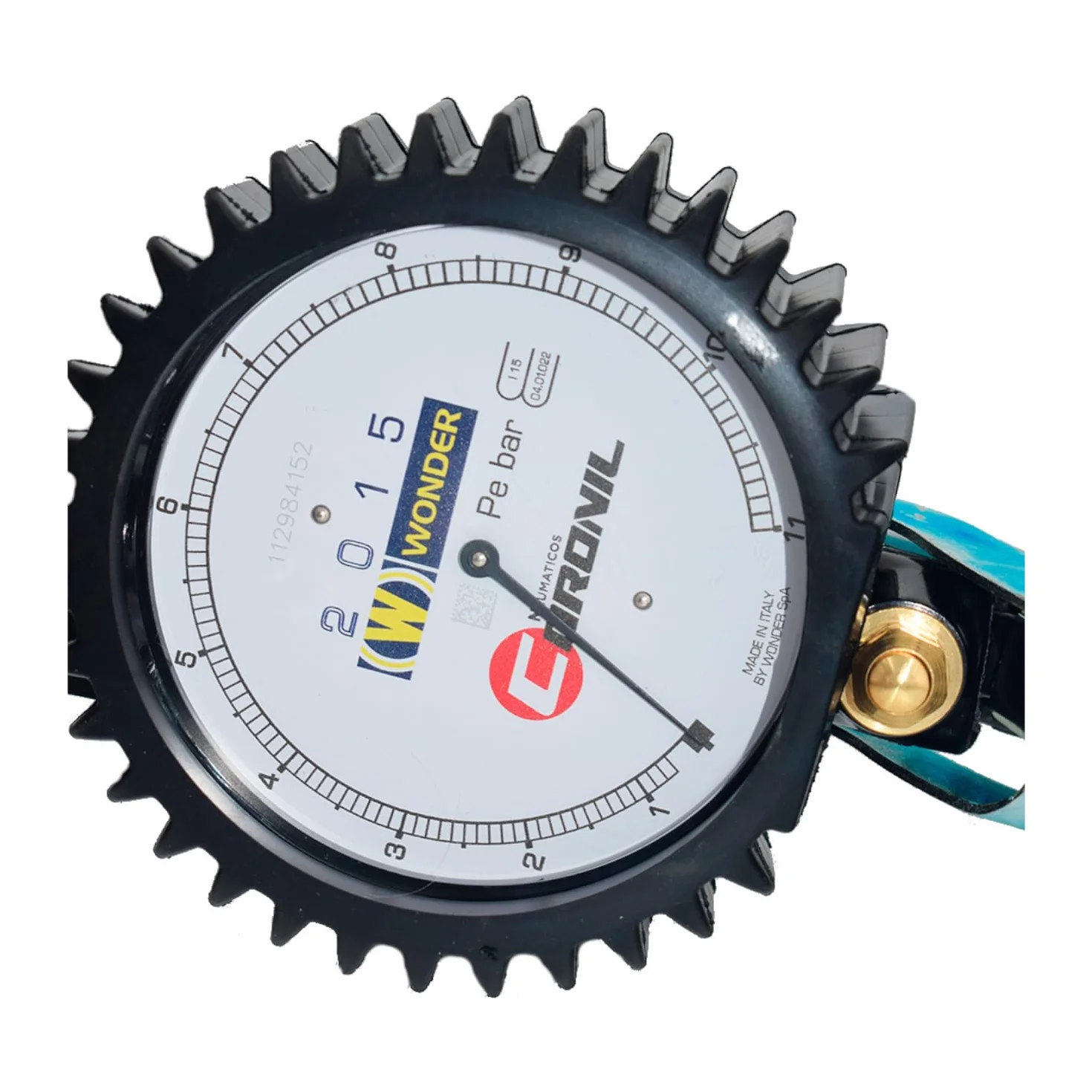Manometr ciśnienia w oponach Eurodainu 2015 model Coronil z szybkimi złączami. 0,7-11 BAR, tarcza 80mm i rura 150 cm