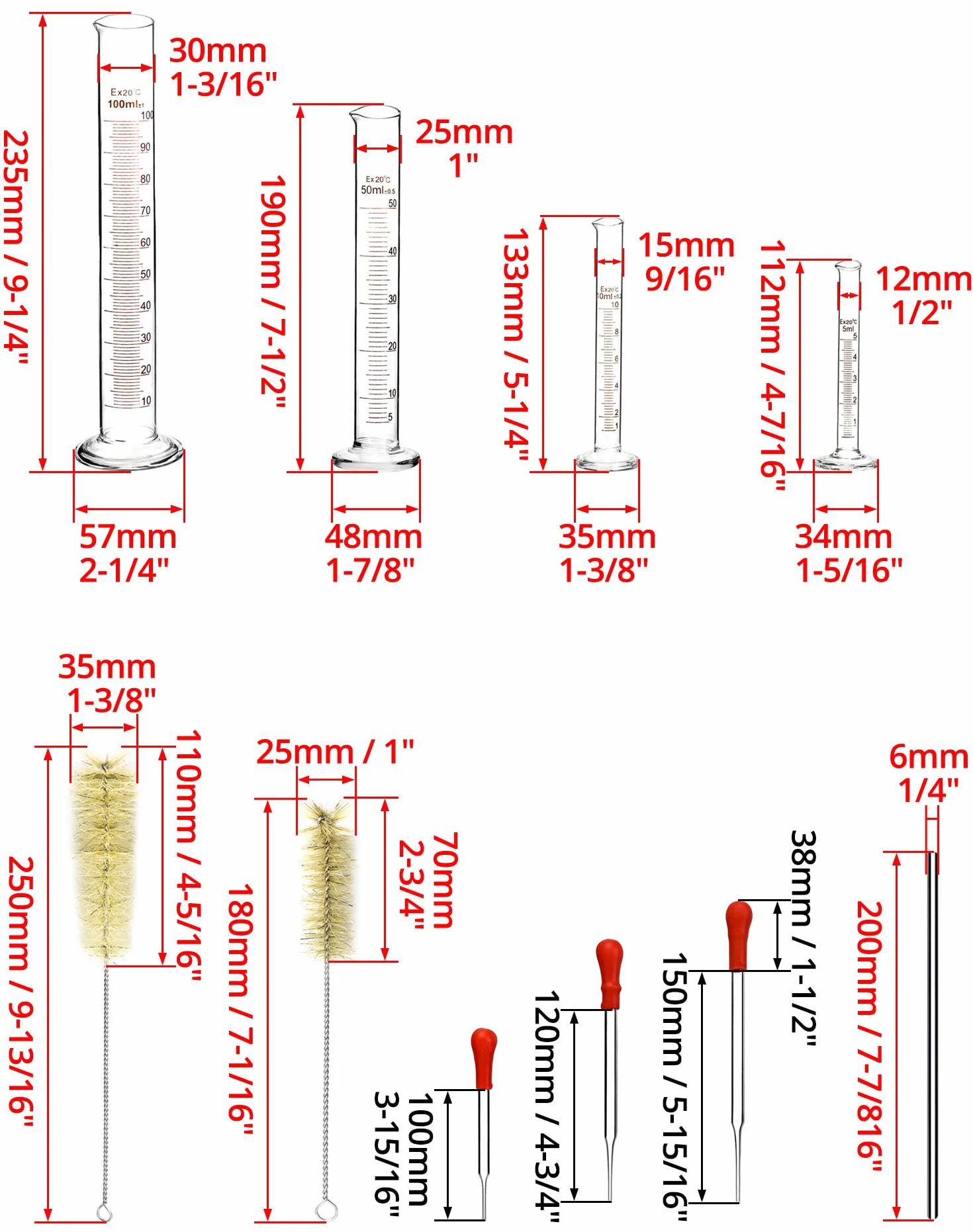 QWORK® 4 szt. Szklany cylinder z podziałką, 5 ml/10 ml/50 ml/100 ml, z 3 szt. szklanych pipet, 2 szt. Szczotka do probówek, 1 szt. Szklany pręt do mieszania