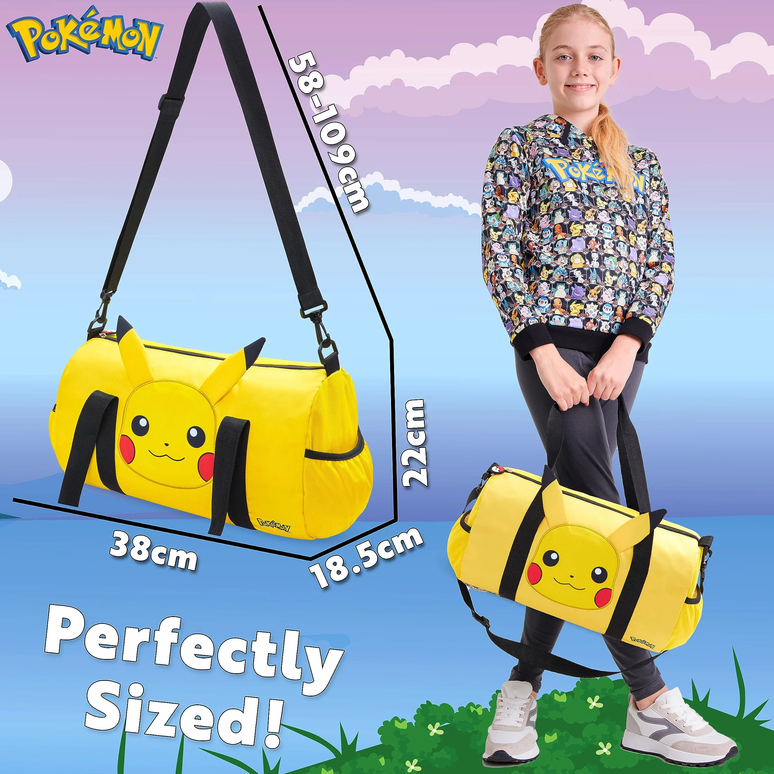 Pokémon Torba Podróżna dla Dzieci - Gimnastyczna, Przez Noc, Sportowa, Pikachu Football Kit Holdall - Prezenty dla Chłopców, Jeden Rozmiar, Żółte Uszy 3D