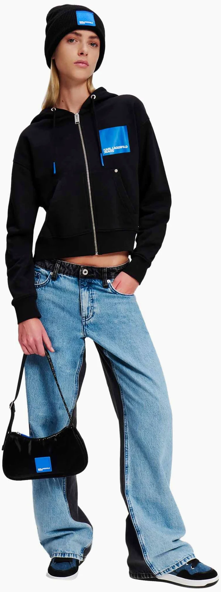 Karl Lagerfeld Jeans, Damskie, Bluza Z Kapturem Z Logo Box, Rozpinana Na Zamek, Regular Fit, Czarny, S