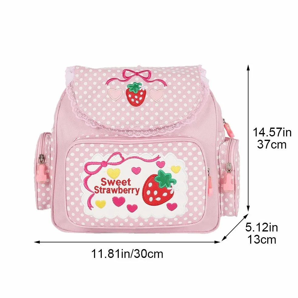 Plecak w stylu japońskim Kawaii z haftowanym truskawkowym szyciem, mini plecak z koronkowym wzorem truskawki, uroczy plecak szkolny dla dziewczynki