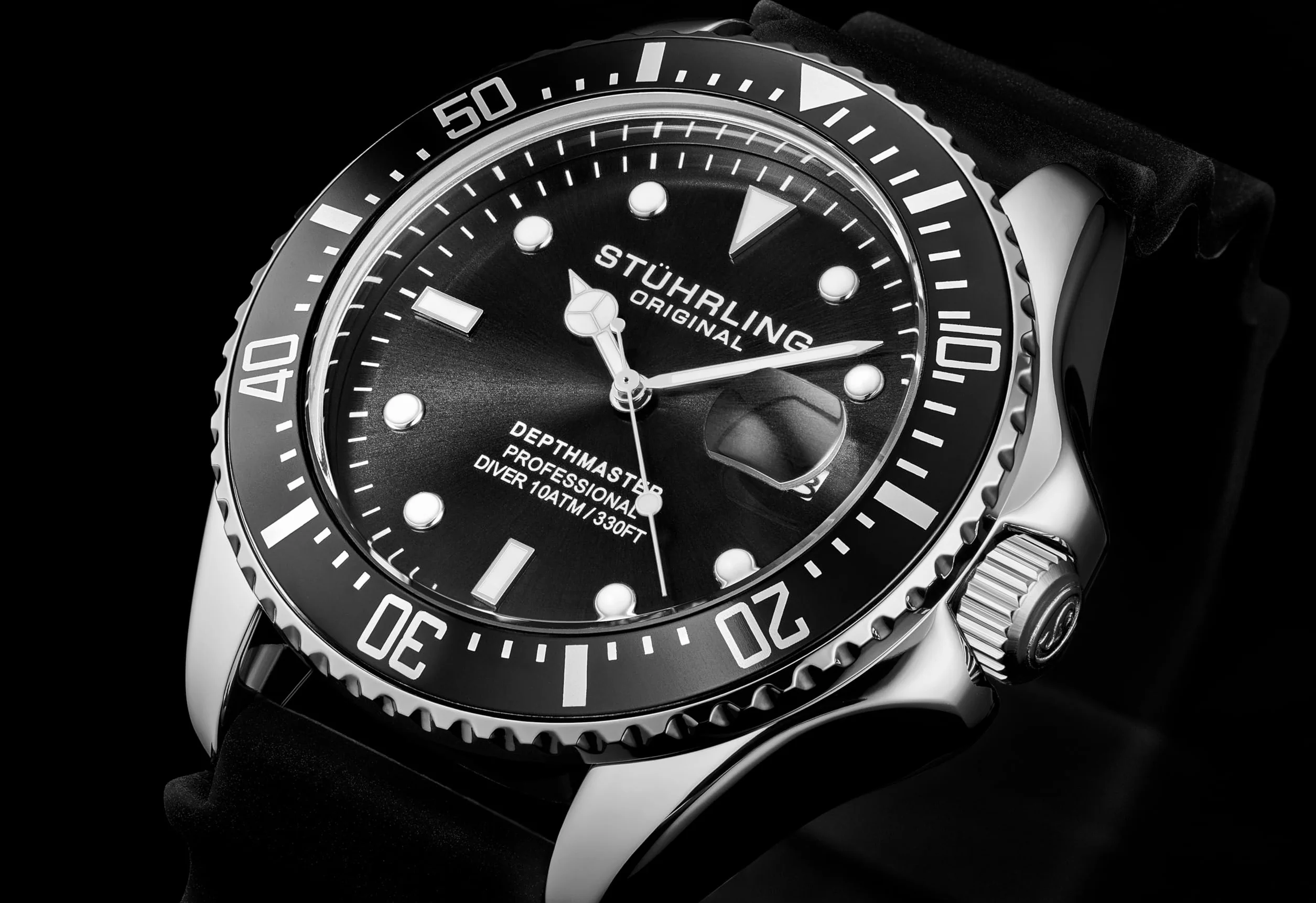 Stuhrling Oryginalny męski zegarek do nurkowania, srebrny 42 mm, obudowa z zakręcaną koroną, gumowy pasek, wodoodporny do 90 cm