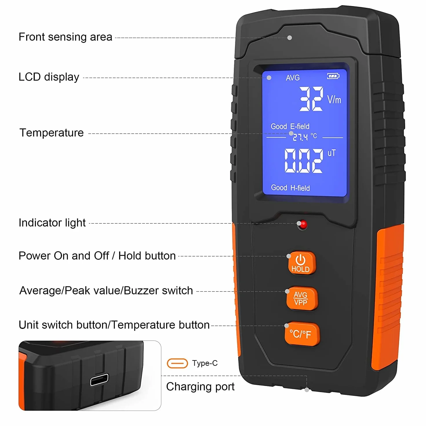 EMF miernik wielokrotnego ładowania, elektromagnetyczny, czujnik promieniowania, ręczny cyfrowy czytnik LCD, EMF, miernik temperatury, tester do inspekcji domowych, na zewnątrz i na duchy