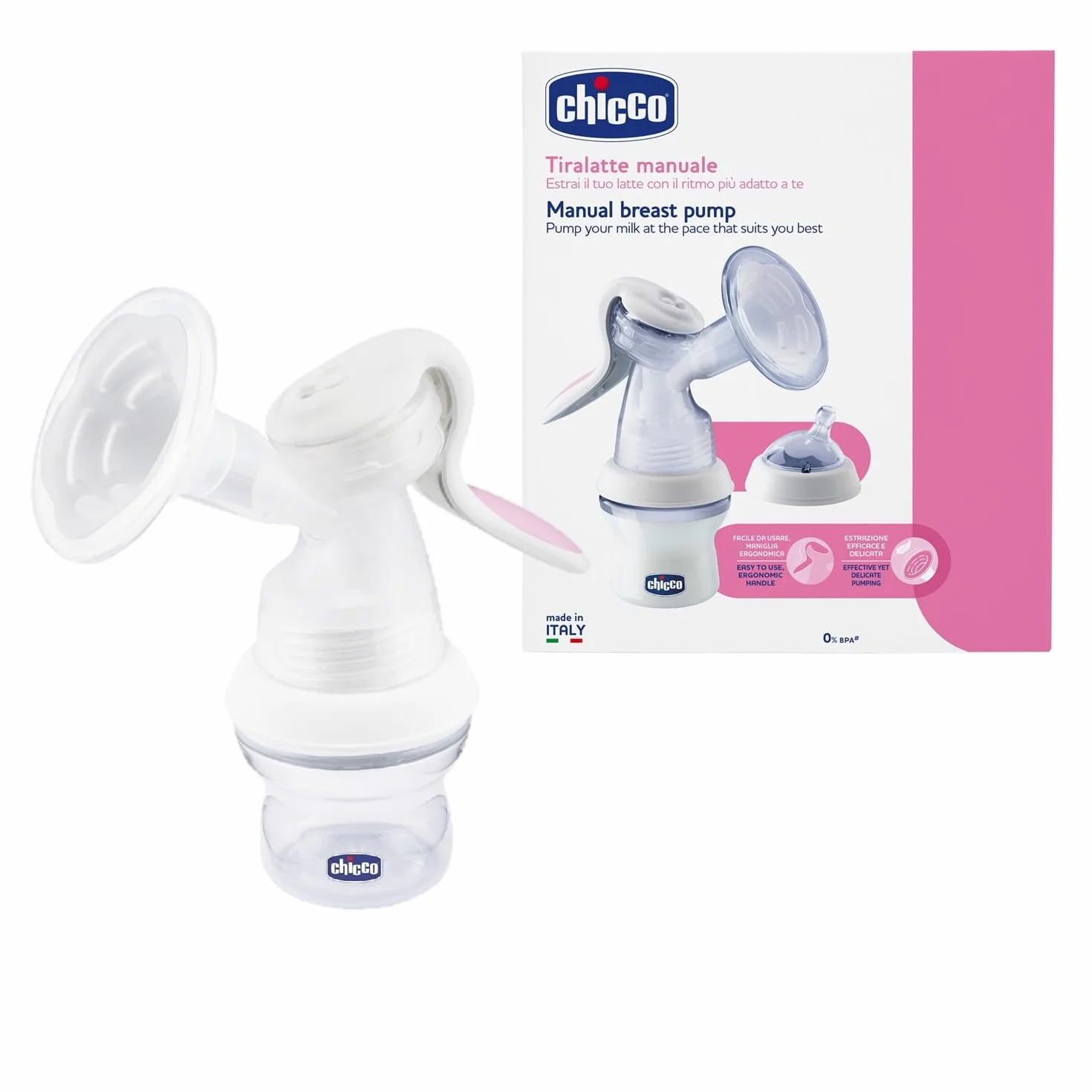 Chicco Laktator Manualny Natural Feeling, Wygodny i Szybki Laktator, Łatwe Odciąganie Mleka, Ergonomiczny Kształt, z Zakrzywionym Smoczkiem w Zestawie, z Pokrywką, Butelka dla Niemowląt - 150 ml