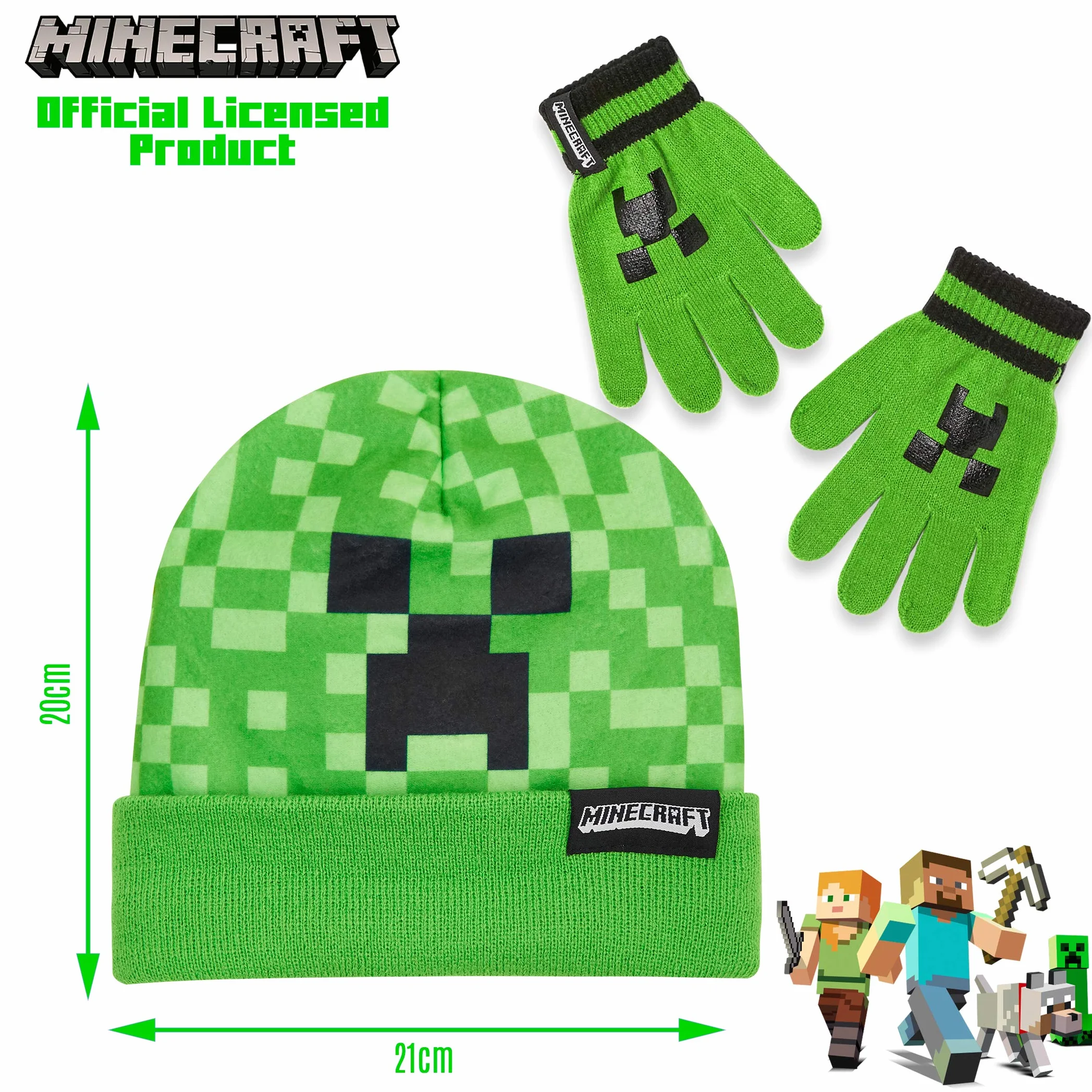 Minecraft Chłopcy Czapka czapki i rękawiczki ustawione dla chłopców i dziewcząt, Jeden Rozmiar 2 -częściowy zestaw