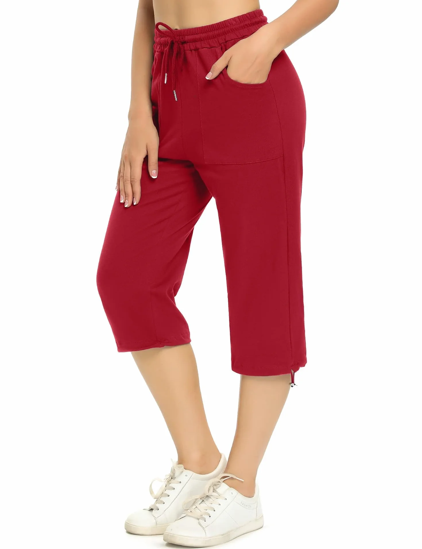 Totatuit Damskie spodnie sportowe 3/4 z wysokim stanem capri bawełniane joggery do jogi biegania, Czerwona, L