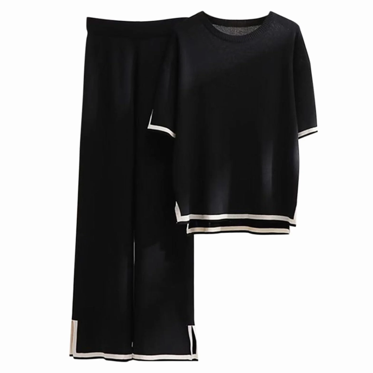 Womens Knit 2 Piece Sweater Sets Lounge Sets Silk Feel Oversized Casual Short Sleeve Knit Pullover Tops Wide Leg Pants Tracksuit Homewear Elegant Trousers Sets,006,M
