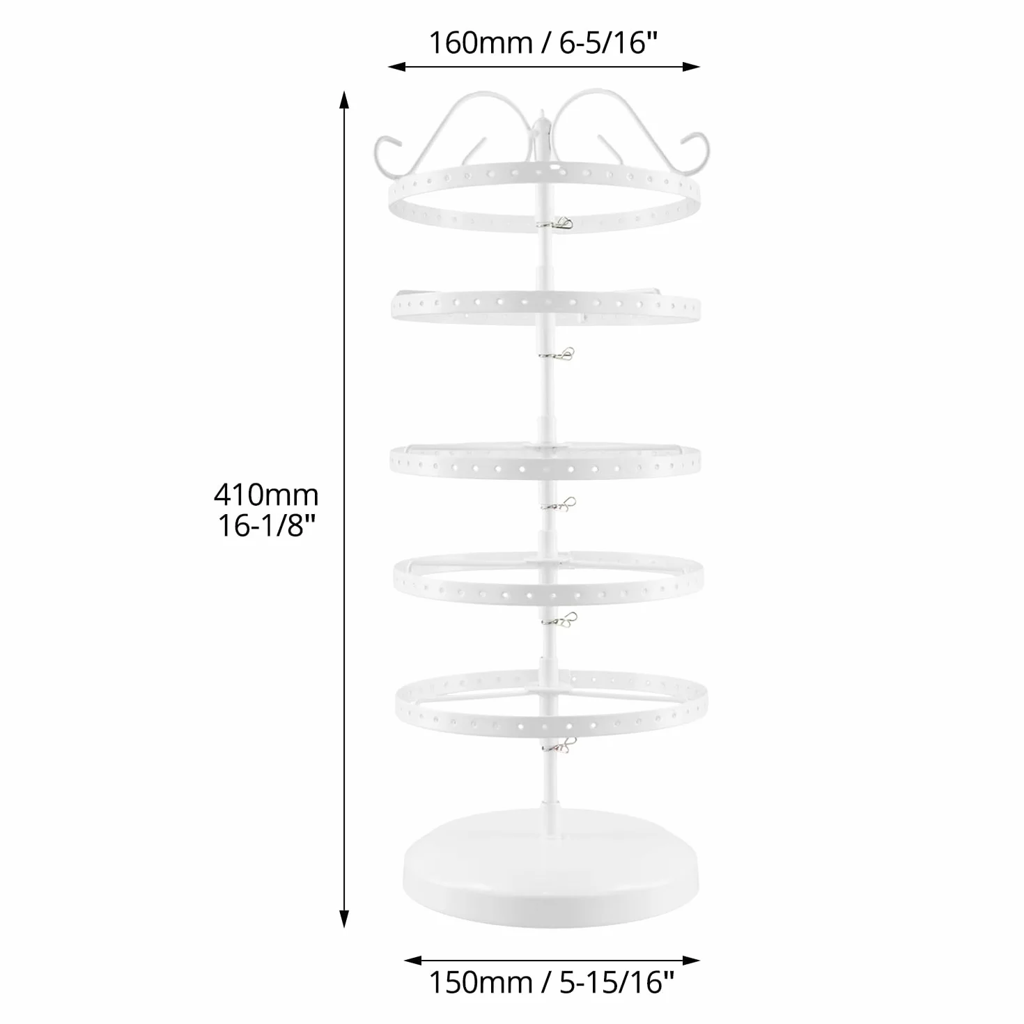 QWORK® 5-poziomowy metalowy obrotowy uchwyt na kolczyki, biały stojak do biżuterii z regulowanymi odstępami między poziomem - pojemność na 210 dziurek dla 105 par