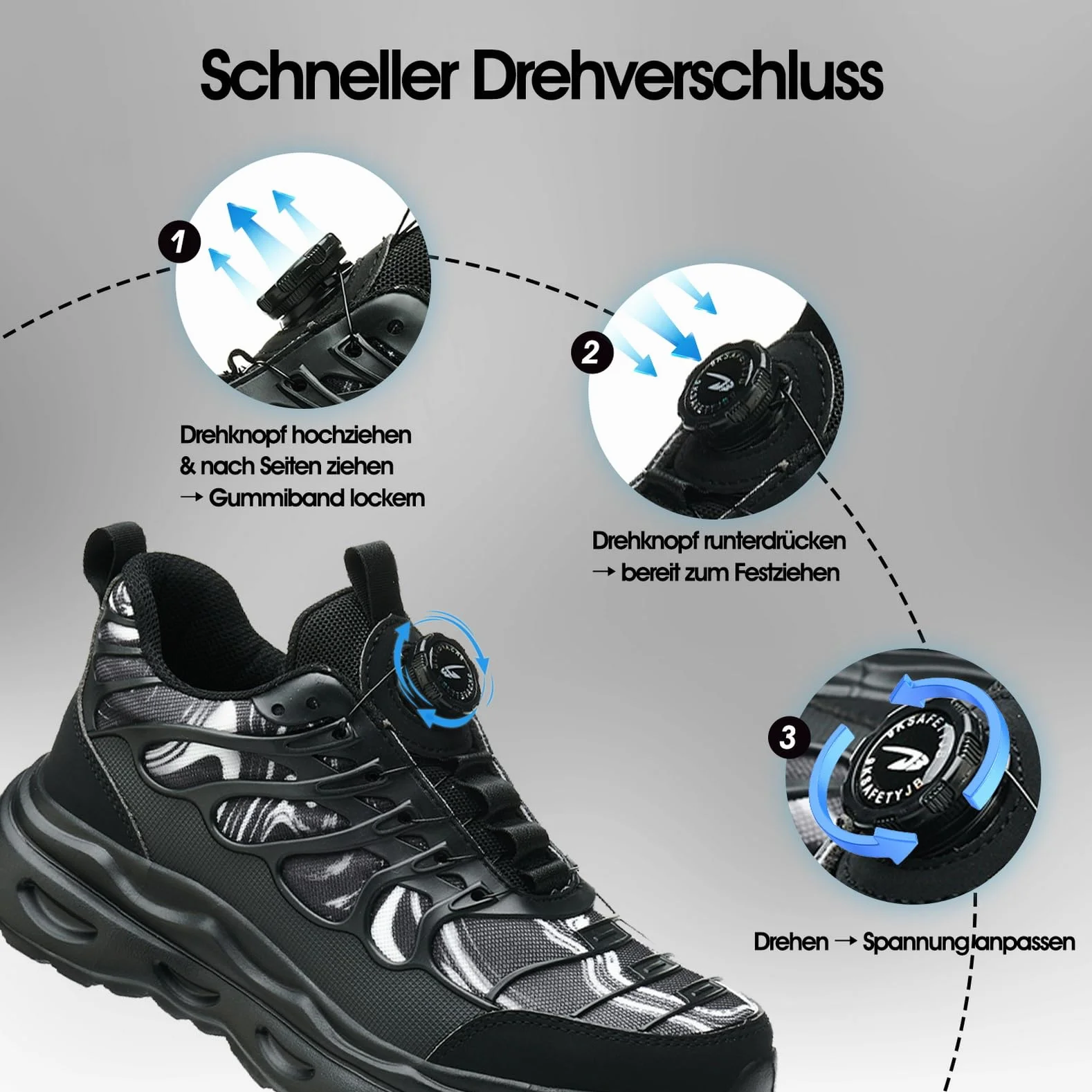 Buty Bezpieczeństwa S3 Obrotowe Zapięcie Antypoślizgowe Ochrona Uderzenia Przebicia Black 36