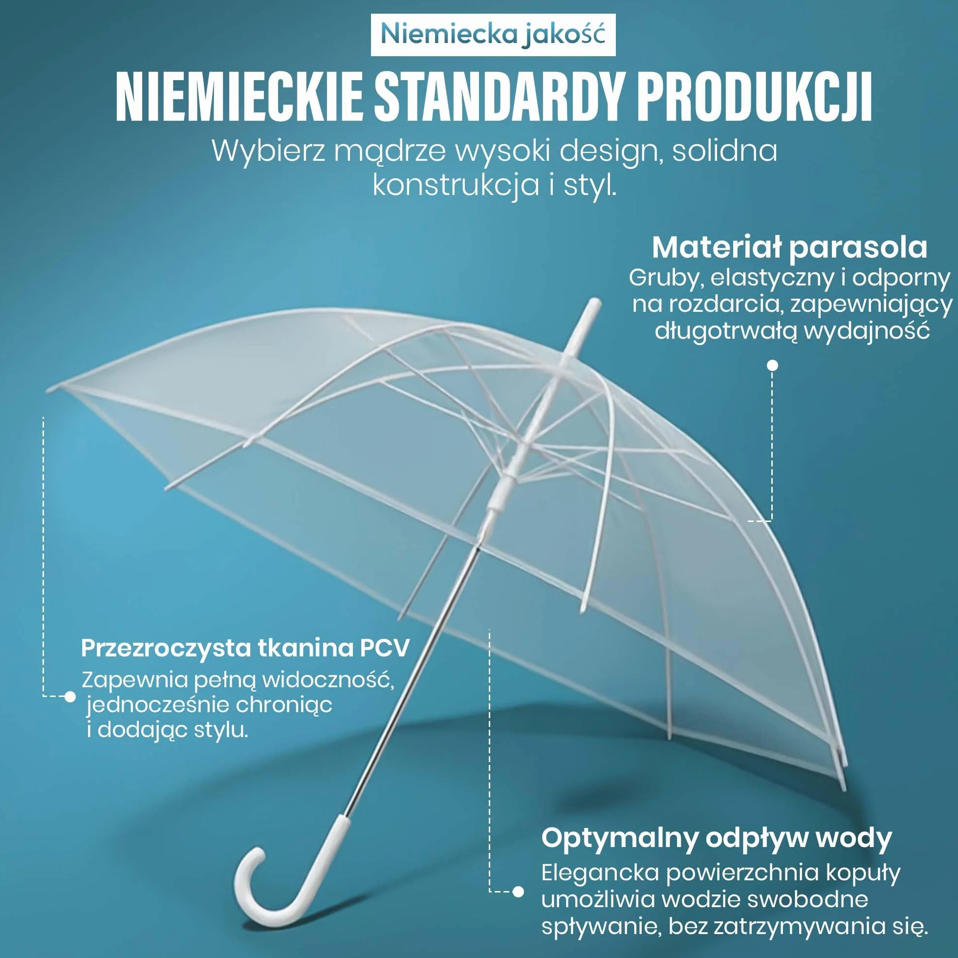 Parasol przezroczysty biała laska Ø 100-130 cm elegancki
