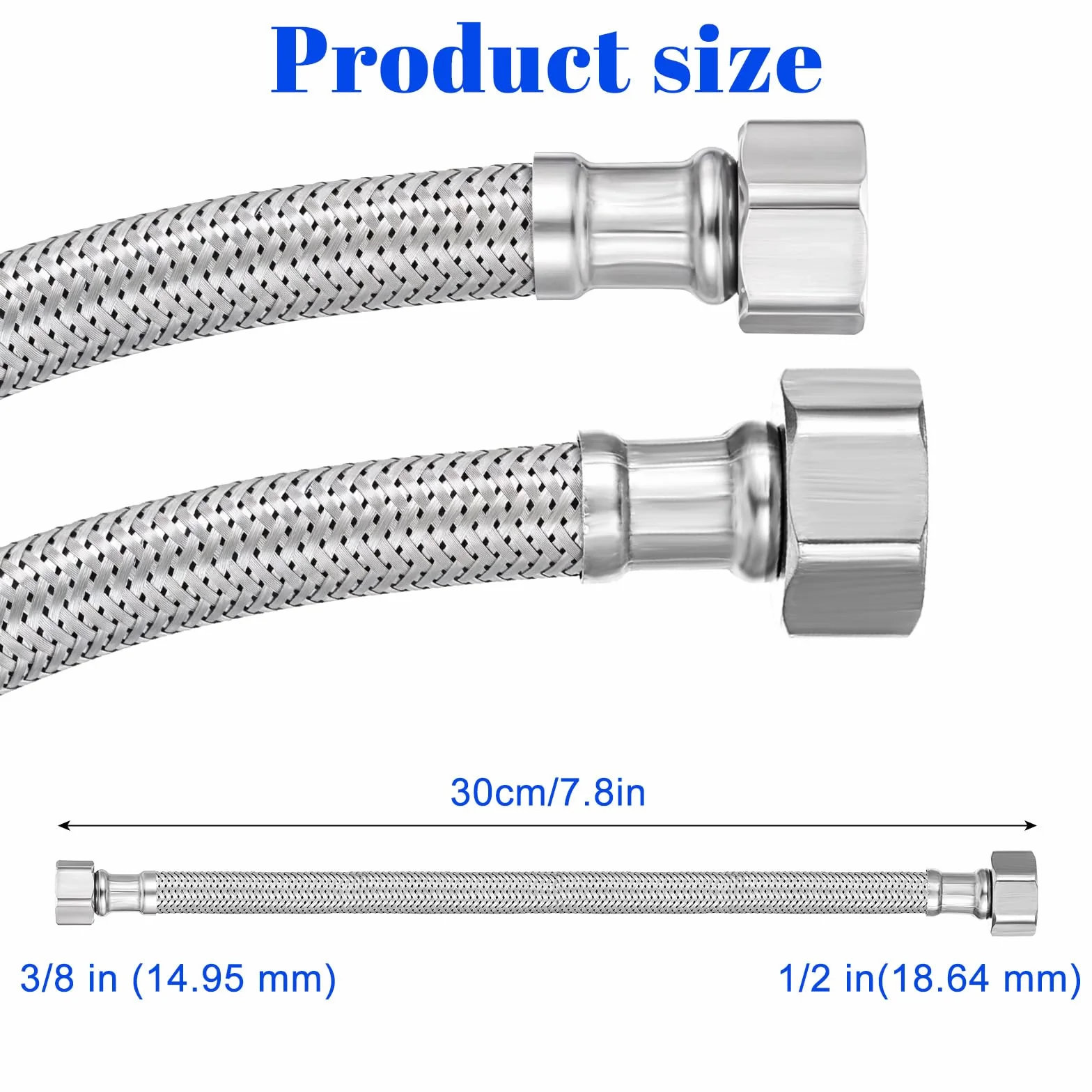 Wąż elastyczny 300 mm ze stali nierdzewnej węże wodne, spirala wewnętrzna 2 cm i 1,7 cm na obu końcach nakrętka odlewana DVGW Certyfikowana woda pitna Odpowiedni elastyczny wąż pancerny