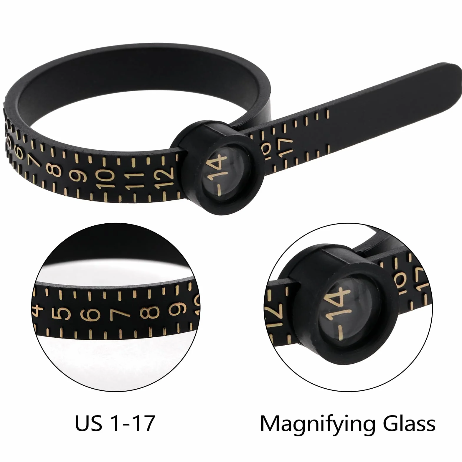 WLLHYF Narzędzie pomiarowe Ring Sizer 2 szt. czarno-białe wielokrotnego użytku palec USA miernik rozmiaru plastikowe narzędzie pomiarowe z powiększonym szkłem do rozmiaru biżuterii