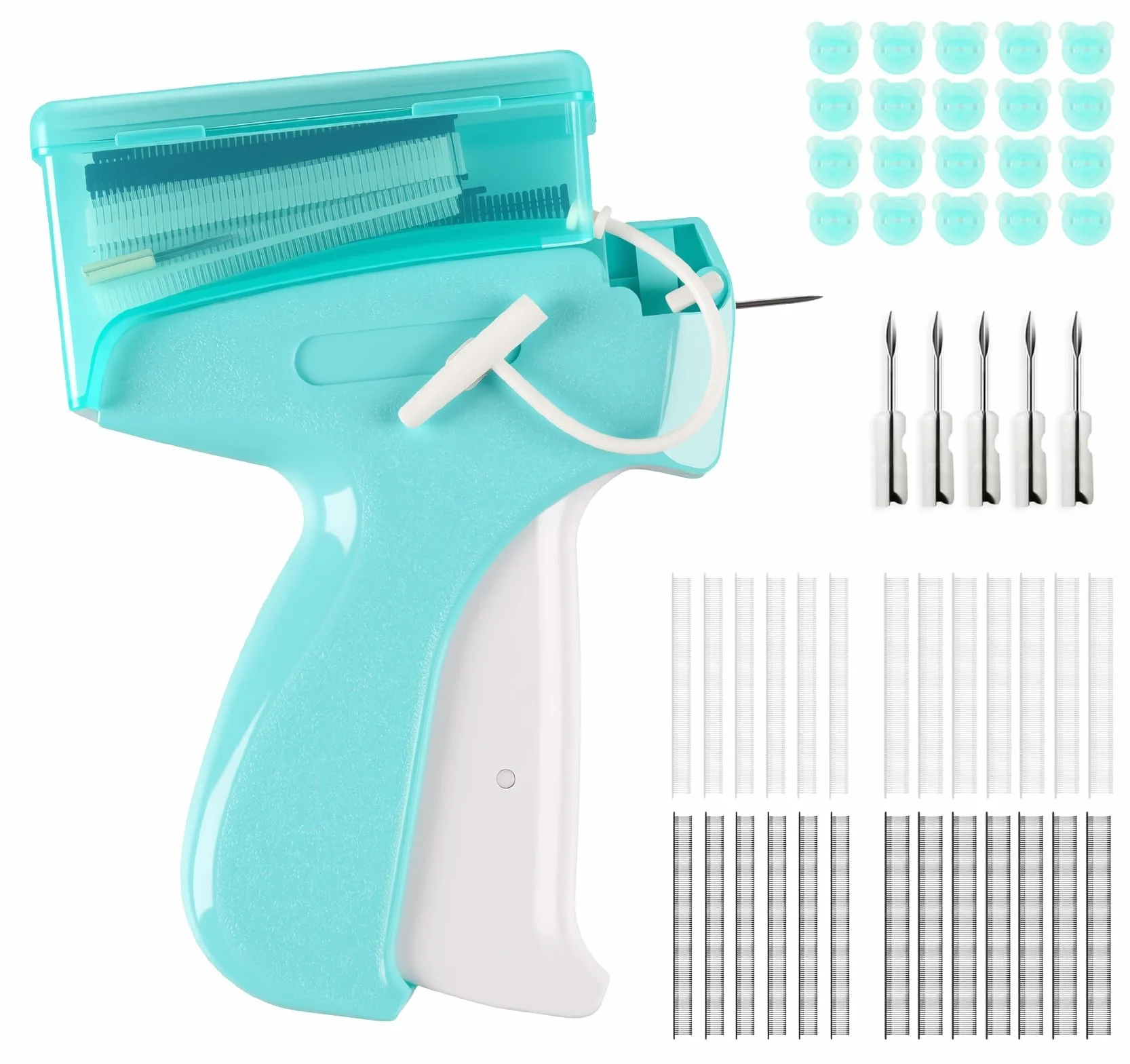 Mini pistolet do ściegu do ubrań, przenośny pistolet do etykietowania ubrań, maszyna do szycia ściegiem Stitchy, szybki utrwalacz odzieży z 5 mikroigłami, 1000 czarnych i 2000 białych