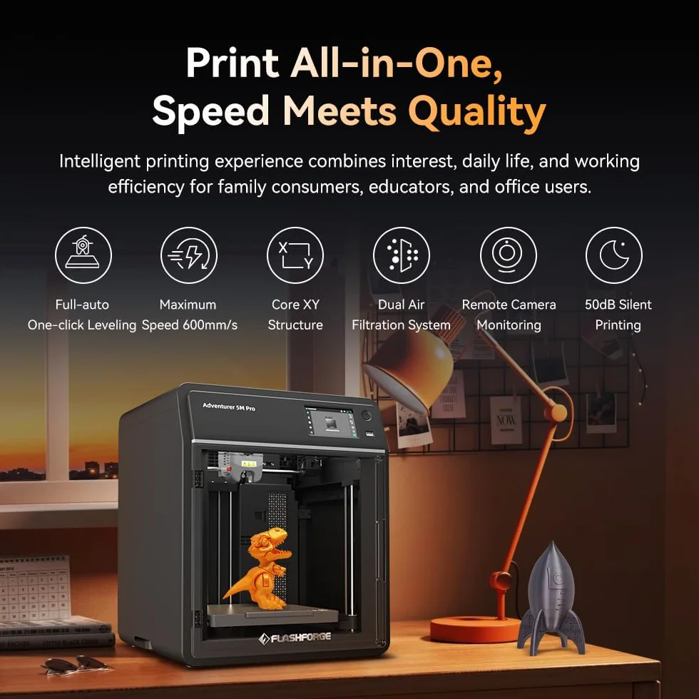 Flashforge Adventurer 5M Pro drukarka 3D, automatyczny druk jednym kliknięciem, maks. prędkość 600 mm/s, zestaw dysz 0,4/0,6 mm, konstrukcja CoreXY, cichy druk, zdalne sterowanie oraz monitoring