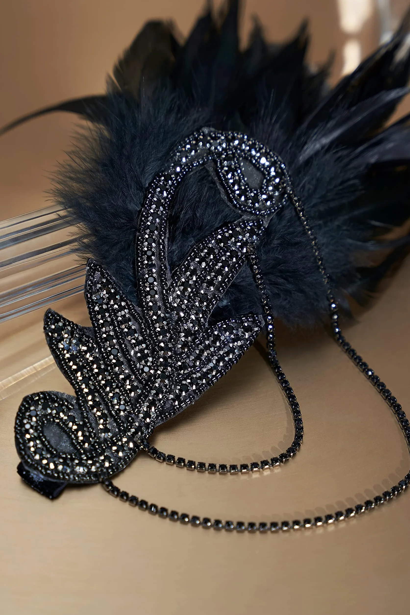 BABEYOND Opaska Gatsby Crystal 1920s Feather Flapper Vintage Czarna