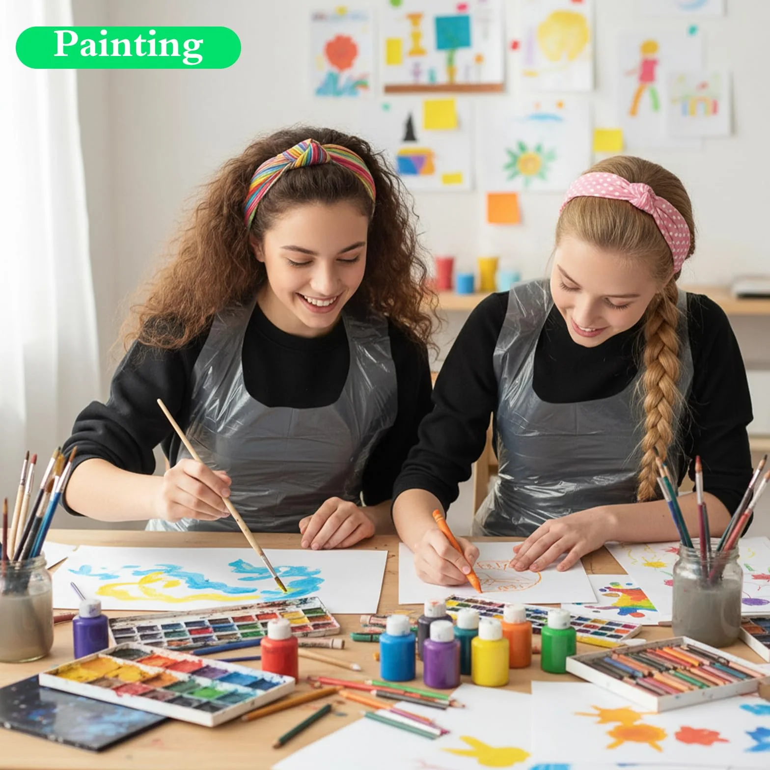 Nogeqi 50 sztuk fartuchów dla dzieci, jednorazowe fartuchy plastikowe, jednorazowe, plastikowe, 55 x 65 cm, wodoodporne, jednorazowe fartuchy Pe przezroczyste do gotowania, czyszczenia, malowania