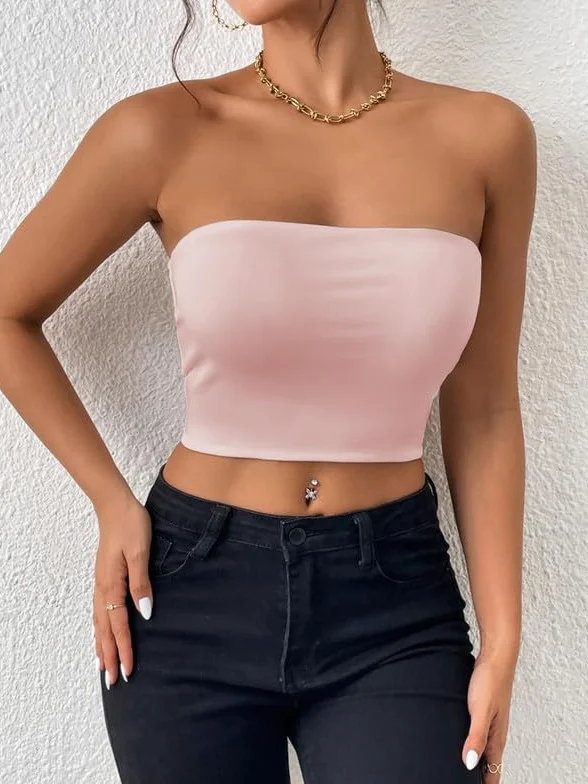 Tube Top Damski T-shirt bez ramiączek Lato Bandeau Slim Fit Bez rękawów Crop Topy z elastycznym paskiem Podwójna warstwa Bluzka Podstawowa tuba Y2K Koszula Sexy Bez wyściółki Stroje