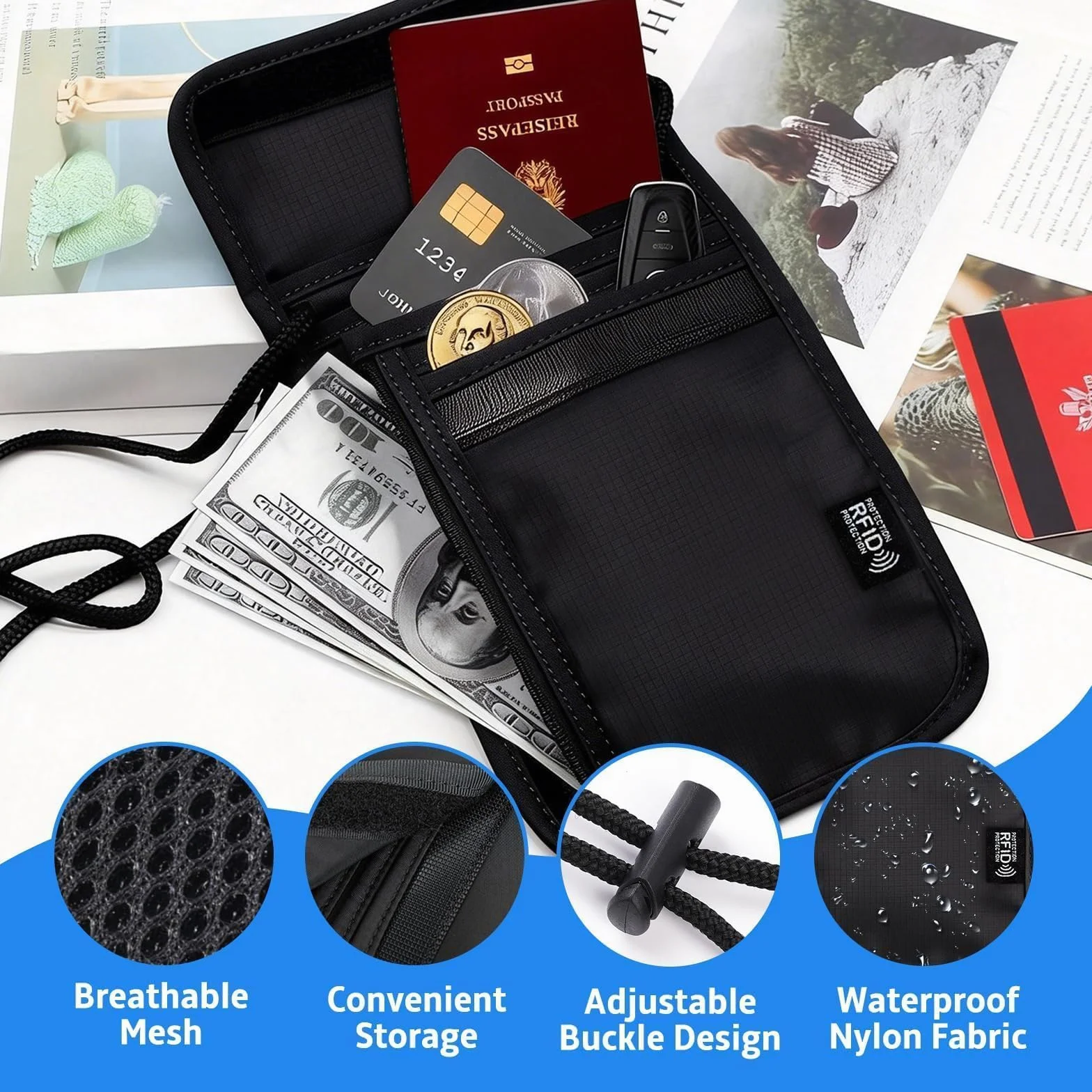 Etui na dokumenty podróżne z blokadą RFID, czarne
