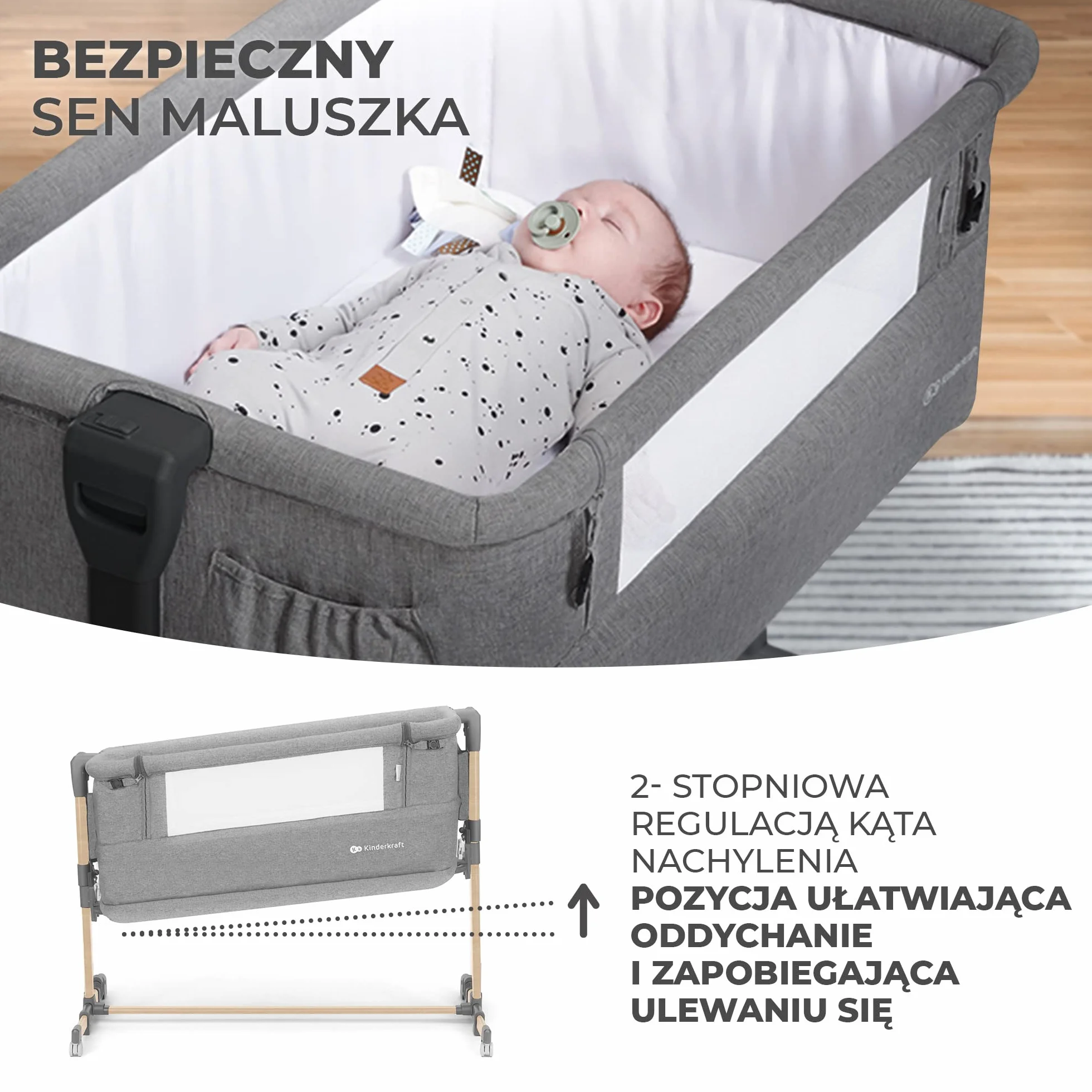 Kinderkraft NESTE GROW Łóżeczko dziecięce 3 w 1, Łóżeczko dostawne, Łóżeczko dla niemowlaków od urodzenia do 2 lat, Regulowana wysokość, Łatwy montaż, Materacyk i Torba w zestawie, Jasnoszary