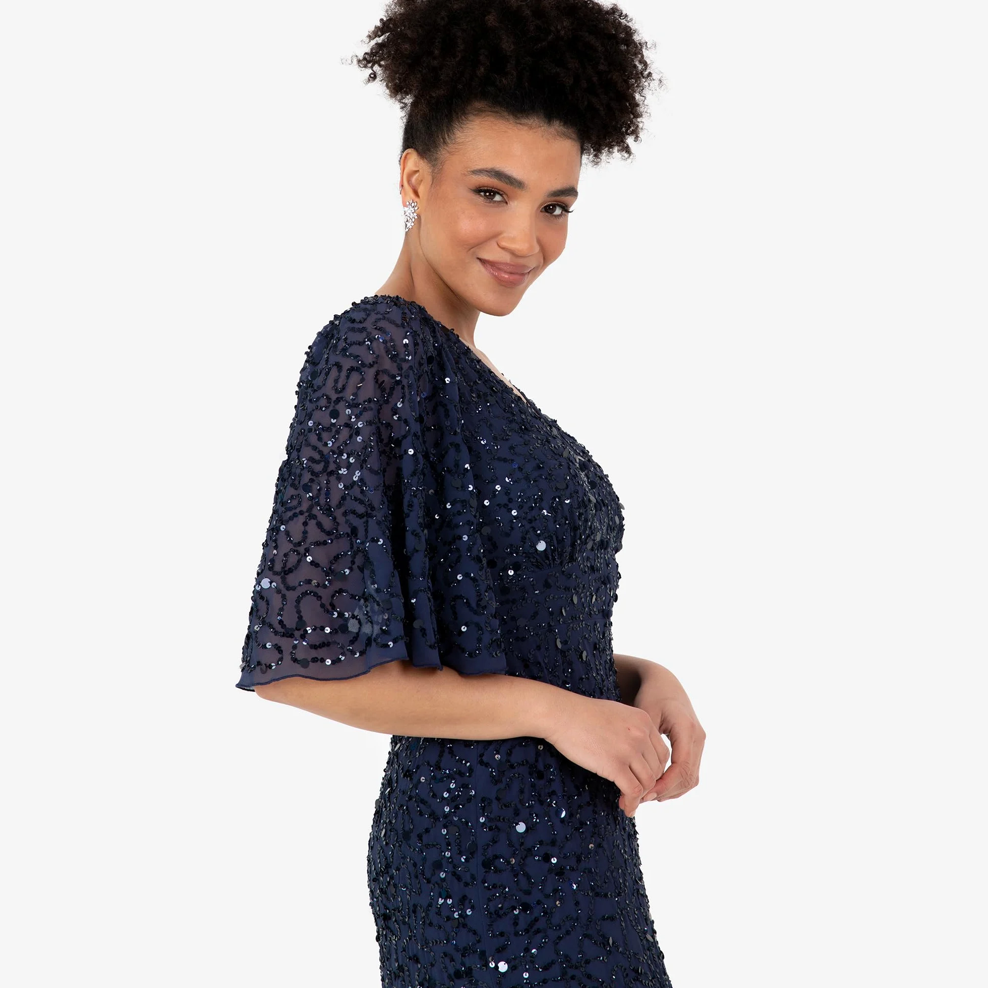 Maya Deluxe Damska sukienka maxi, dekolt w serek, krótka sukienka aniołowa, wybijana linia A Bridesmaid Wedding Guest Prom Ball Gown, granatowa, 44, granatowy, 44