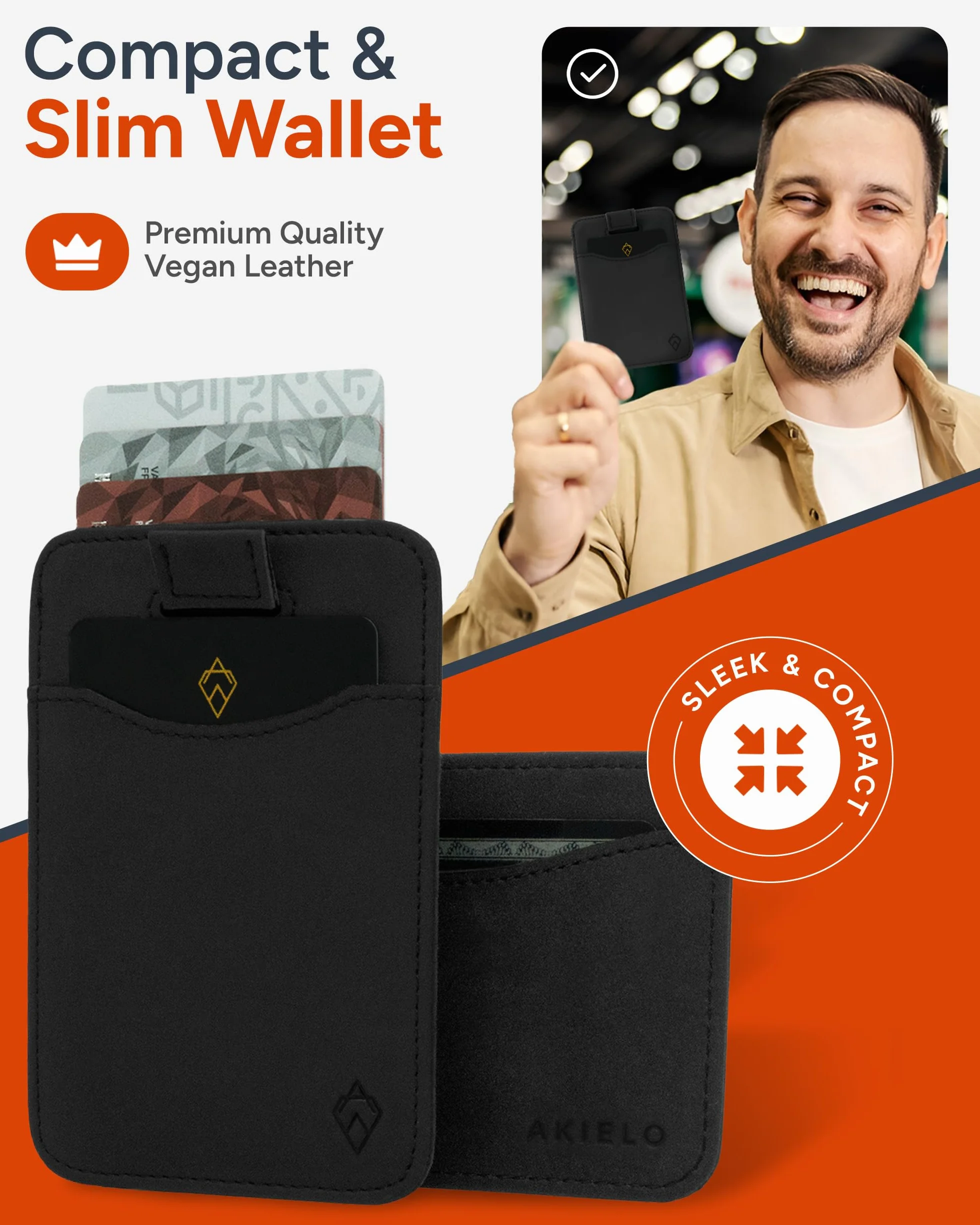 AKIELO Portfel – wąski i minimalistyczny męski portfel na karty – blokowanie RFID etui na karty (CHARLIE - Czarna Edycja)