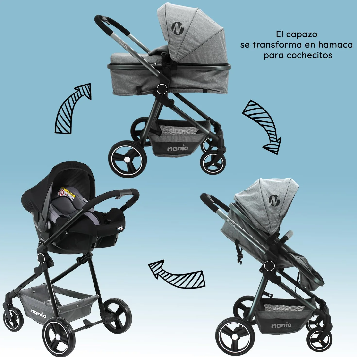 Nania GIULIA wózek kombi 3 w 1, wózek dziecięcy od 0 do 36 miesięcy, składany i odchylany + fotelik samochodowy BEONE EVO i-Size 40-85 cm - Grupa 0+ (0-13 kg), tył drogi + torba na pieluchy, pokrowiec