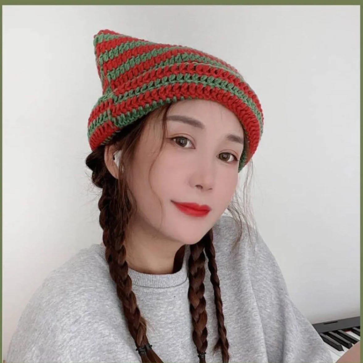 Fairy Grunge Beanie Y2K kot w kapeluszu w paski szydełkowany luźny kapelusz zimowy ciepły dzianinowy alternatywny nakrycie głowy akcesoria