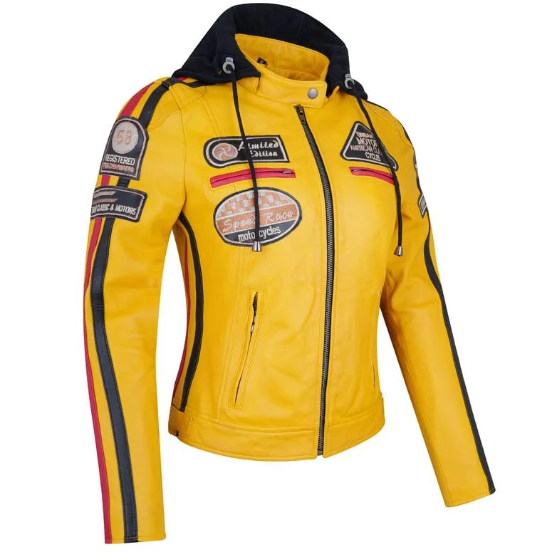 URBAN 5884 58-damska skórzana kurtka motocyklowa, całkowicie zdejmowane ochraniacze, Żółty, 3XL