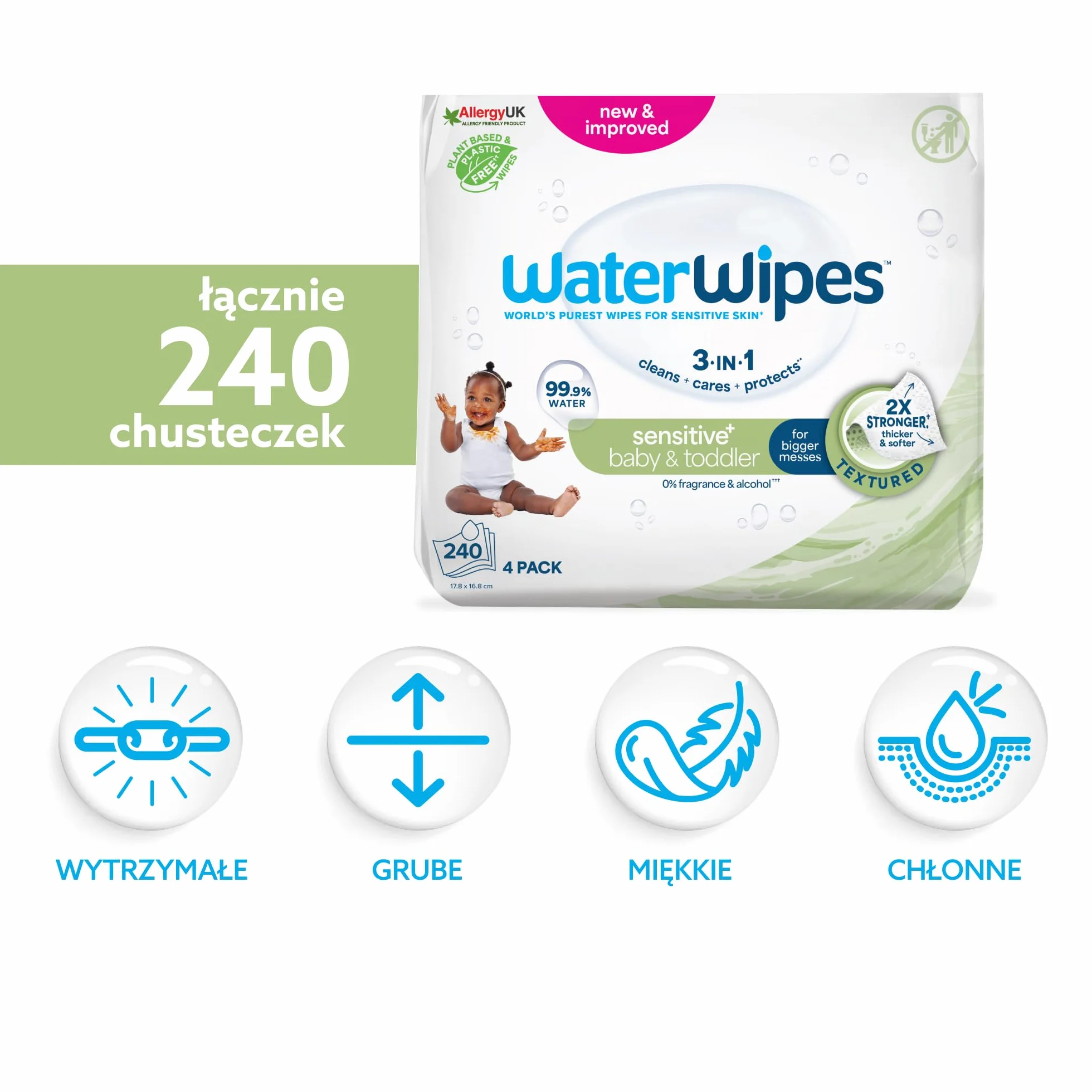 WaterWipes Sensitive+ Baby & Toddler Wipes, Chusteczki dla niemowląt i małych dzieci, 240 sztuk (4 opakowań), 3 w 1: delikatnie oczyszczają, pielęgnują, chronią, 99.9% wody, bezzapachowe