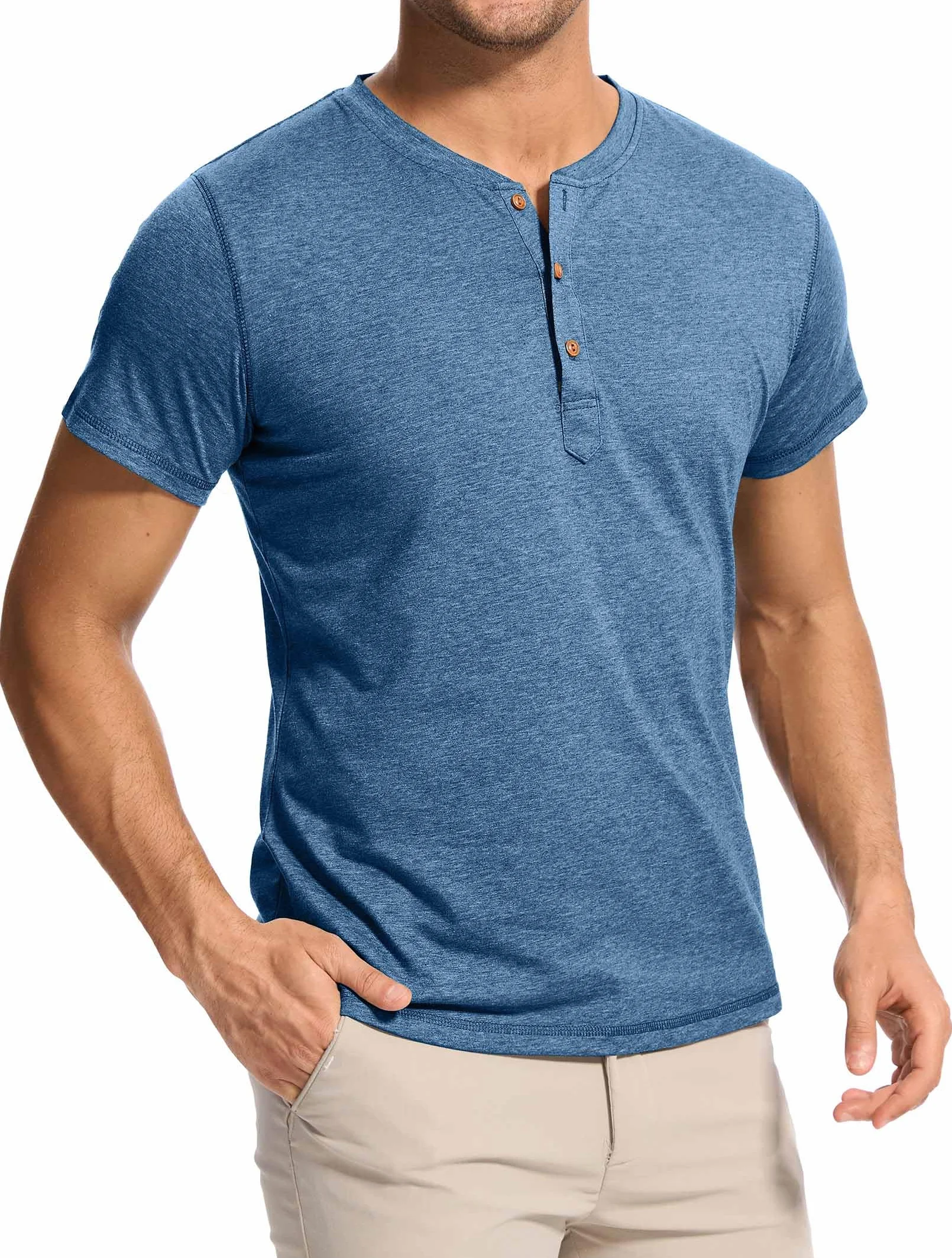 Męski T-shirt z 3 guzikami, jednokolorowy, Henley, koszulka polo | bawełna z krótkim rękawem i kołnierzem koszulowym