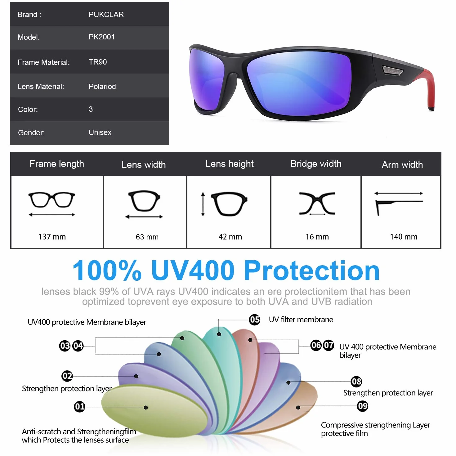 PUKCLAR Okulary przeciwsłoneczne męskie z polaryzacją okulary sportowe okulary rowerowe okulary kierowcy UV400 ochrona Cat 3 TR90